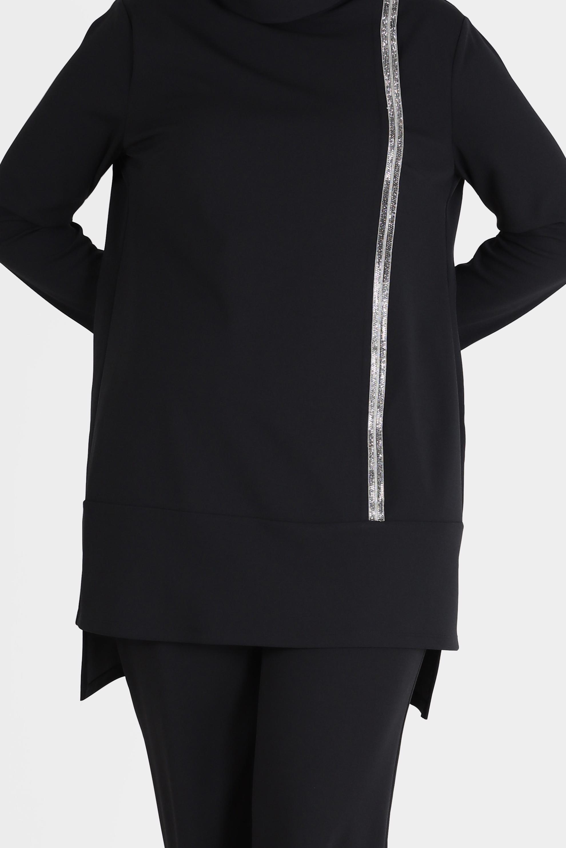 Hijab clothing BLACK SHINY STRIPE DETAIL COWL NECK 2-PIECE PANTS SUIT 20184 