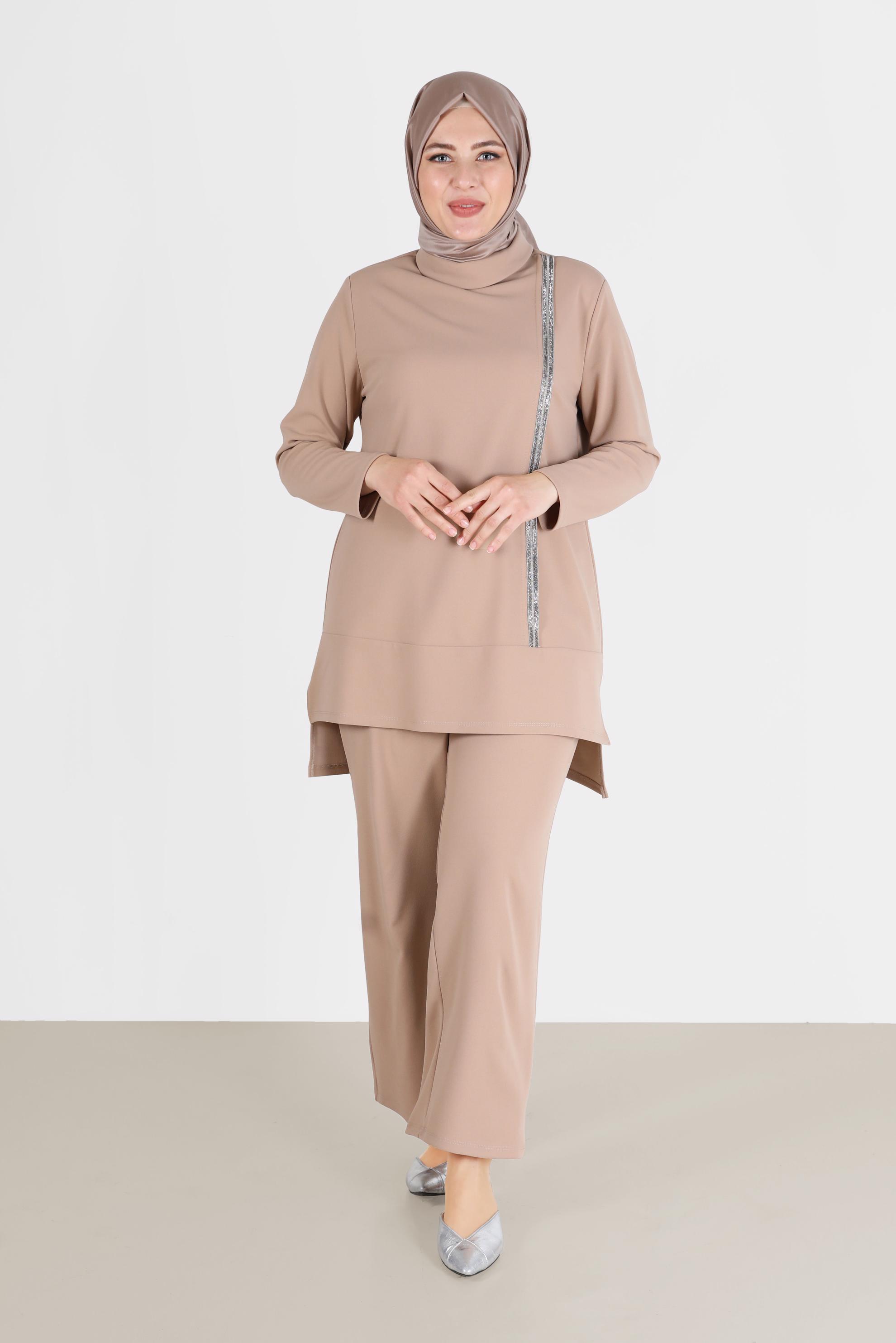 Hijab clothing BEIGE SHINY STRIPE DETAIL COWL NECK 2-PIECE PANTS SUIT 20184 