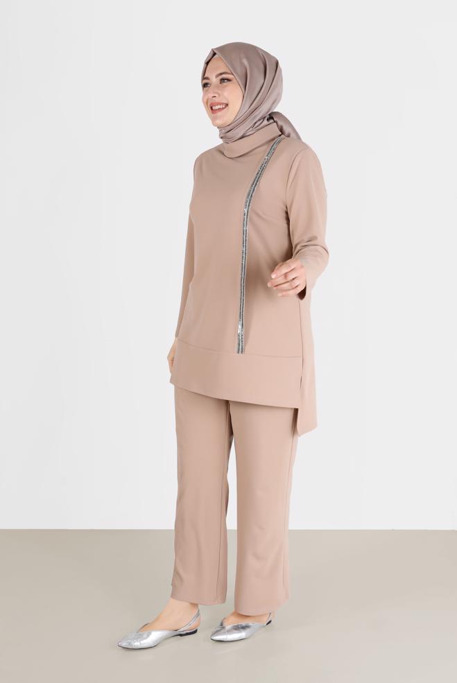 Hijab clothing BEIGE SHINY STRIPE DETAIL COWL NECK 2-PIECE PANTS SUIT 20184  - ALVİNA