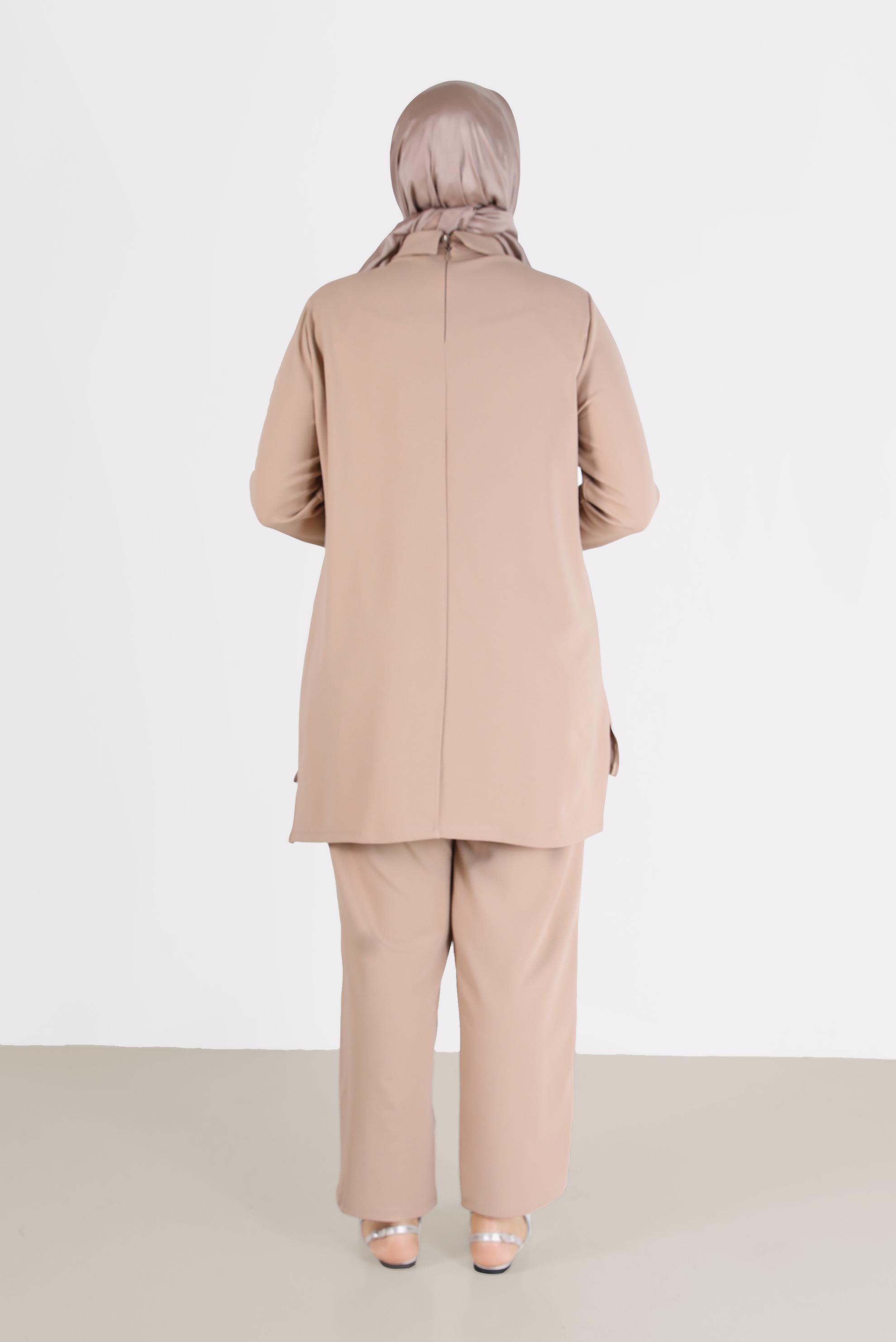 Hijab clothing BEIGE SHINY STRIPE DETAIL COWL NECK 2-PIECE PANTS SUIT 20184 