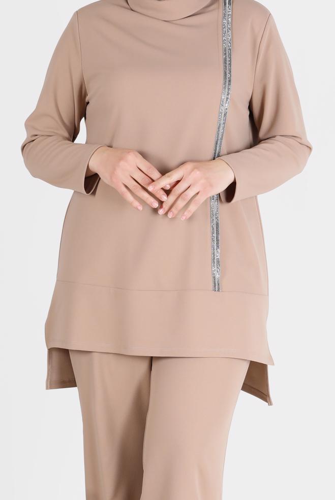 Hijab clothing BEIGE SHINY STRIPE DETAIL COWL NECK 2-PIECE PANTS SUIT 20184  - ALVİNA