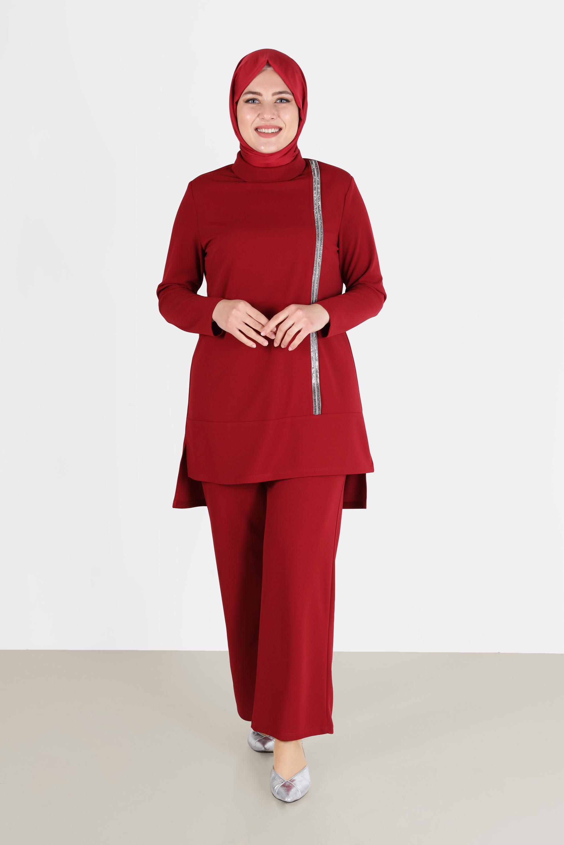 Vêtements hijab ROUGE COSTUME PANTALON 2 PIÈCES À COL BAGUE À RAYURES BRILLANTES 20184