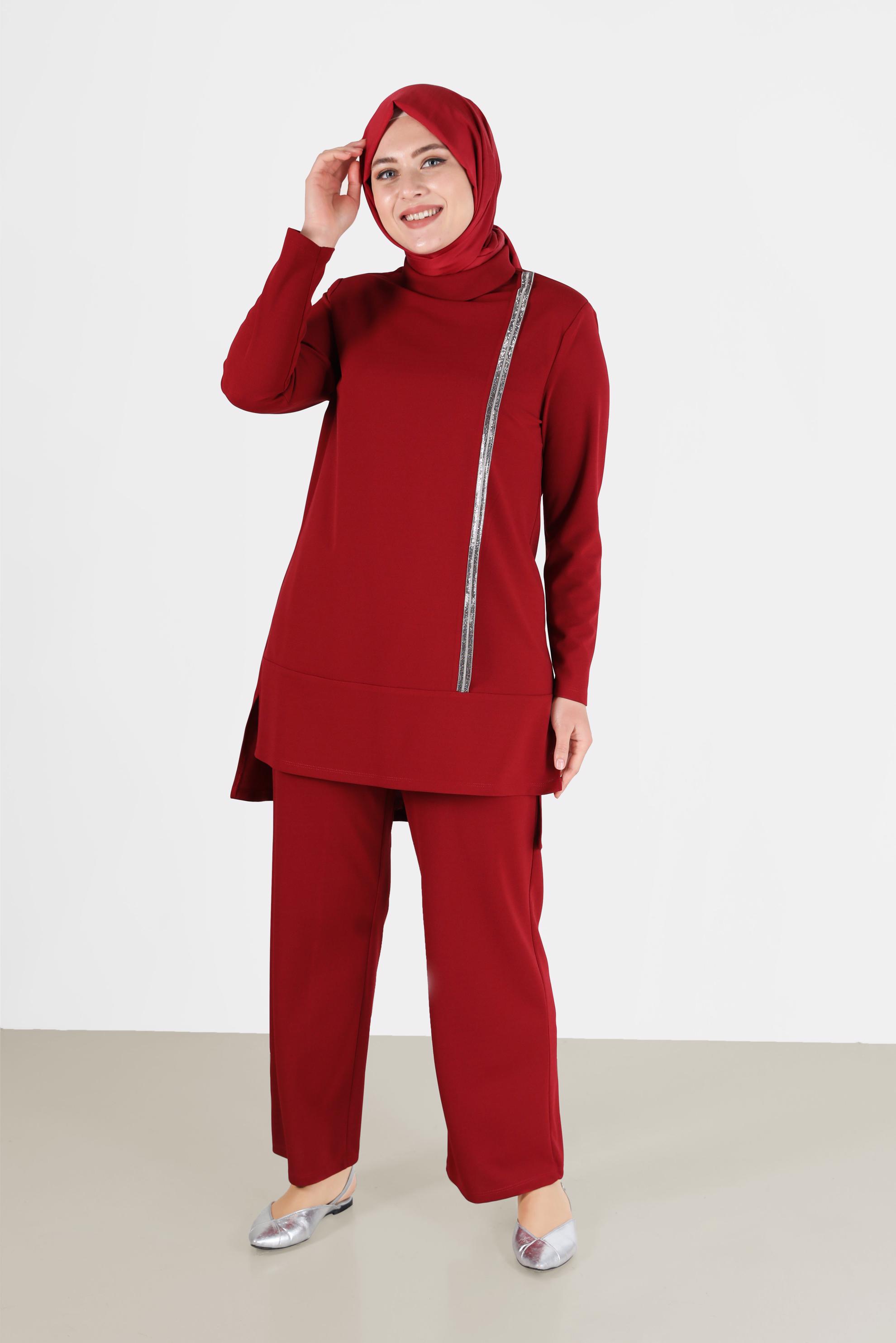 Vêtements hijab ROUGE COSTUME PANTALON 2 PIÈCES À COL BAGUE À RAYURES BRILLANTES 20184