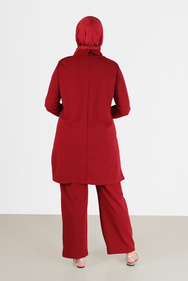 Hijab clothing RED SHINY STRIPE DETAIL COWL NECK 2-PIECE PANTS SUIT 20184  - ALVİNA
