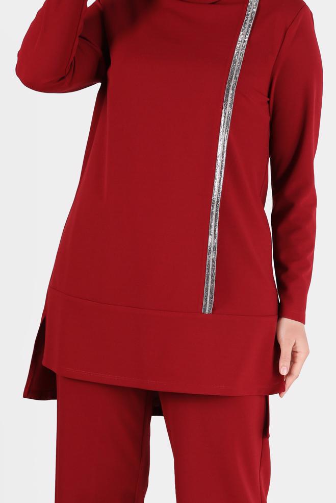 Hijab clothing RED SHINY STRIPE DETAIL COWL NECK 2-PIECE PANTS SUIT 20184  - ALVİNA