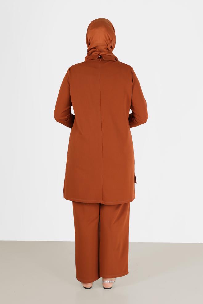 Hijab clothing BROWN SHINY STRIPE DETAIL COWL NECK 2-PIECE PANTS SUIT 20184  - ALVİNA