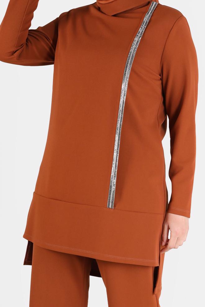Hijab clothing BROWN SHINY STRIPE DETAIL COWL NECK 2-PIECE PANTS SUIT 20184  - ALVİNA