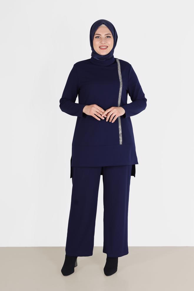 Hijab clothing NAVY BLUE SHINY STRIPE DETAIL COWL NECK 2-PIECE PANTS SUIT 20184  - ALVİNA