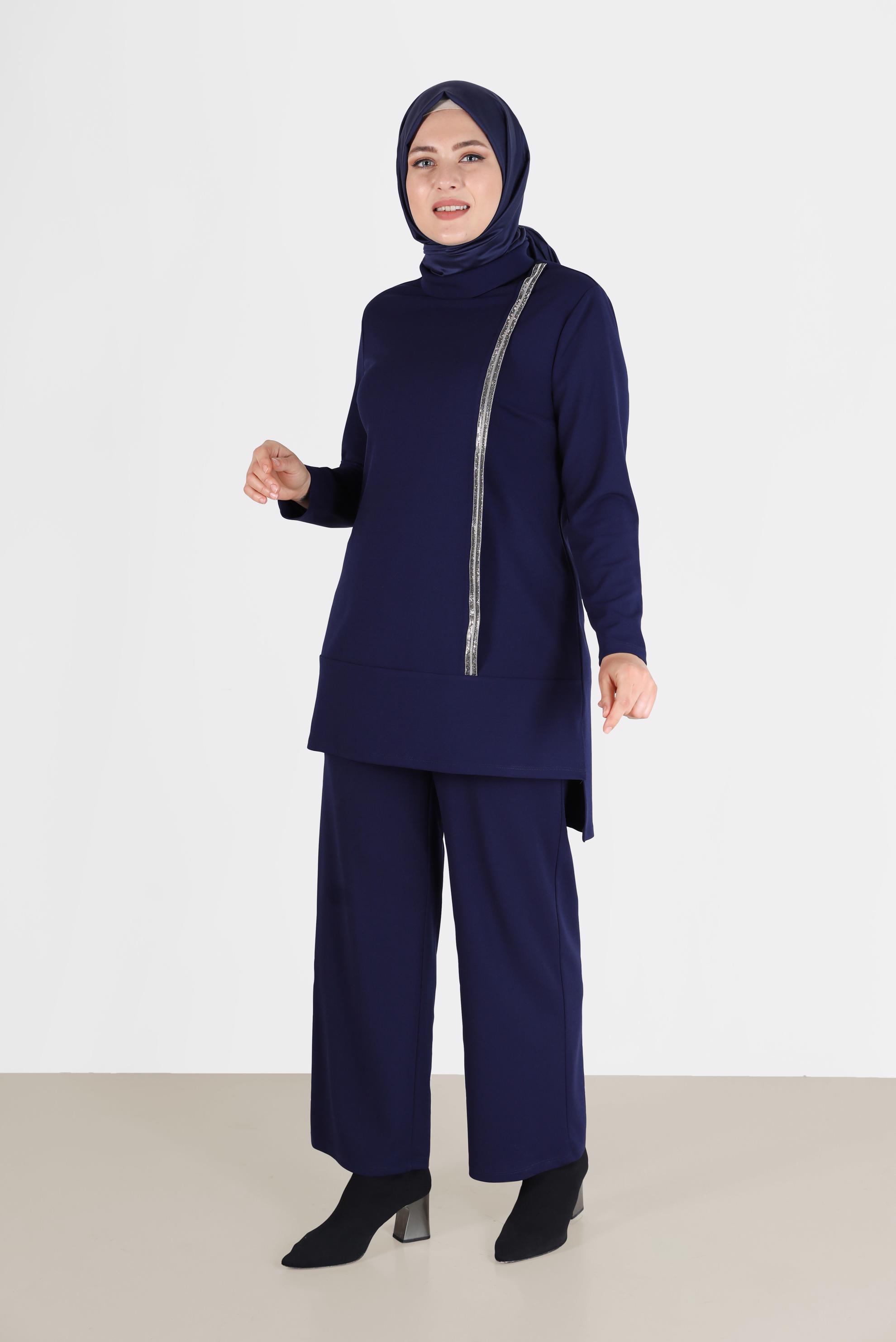 Hijab clothing NAVY BLUE SHINY STRIPE DETAIL COWL NECK 2-PIECE PANTS SUIT 20184 