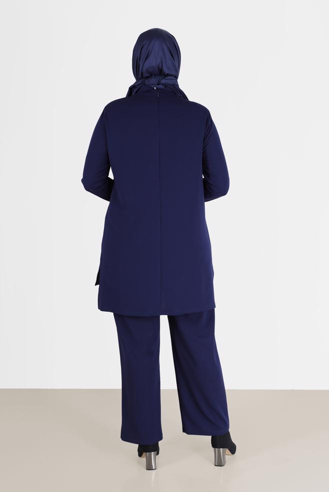 Hijab clothing NAVY BLUE SHINY STRIPE DETAIL COWL NECK 2-PIECE PANTS SUIT 20184  - ALVİNA