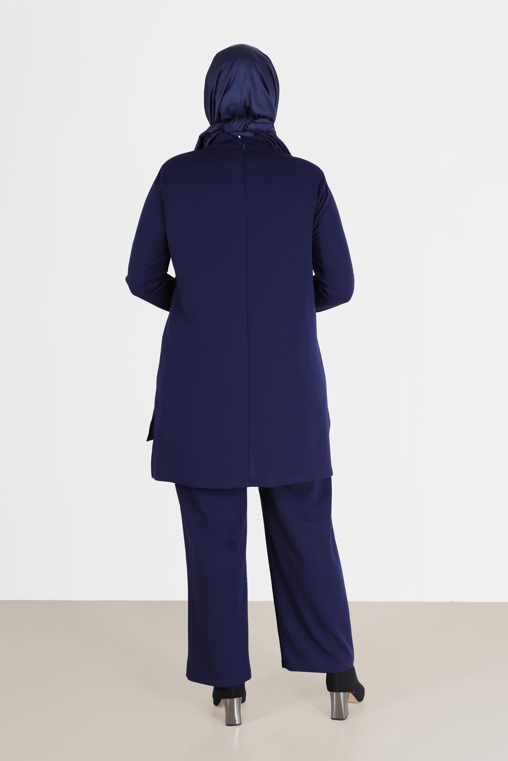 Hijab clothing NAVY BLUE SHINY STRIPE DETAIL COWL NECK 2-PIECE PANTS SUIT 20184 