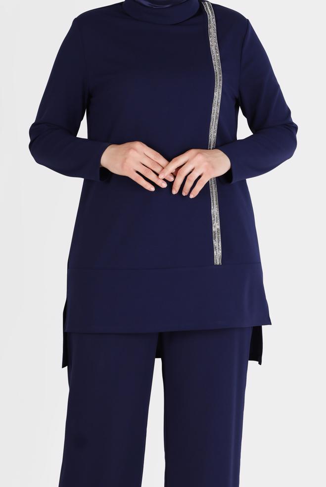 Hijab clothing NAVY BLUE SHINY STRIPE DETAIL COWL NECK 2-PIECE PANTS SUIT 20184  - ALVİNA