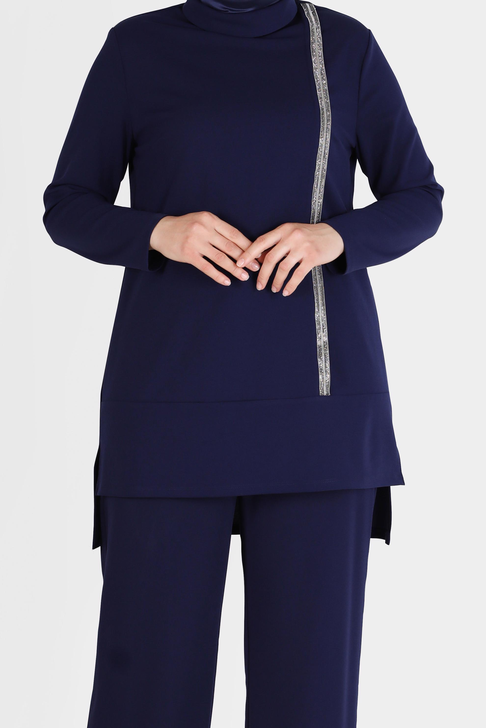 Hijab clothing NAVY BLUE SHINY STRIPE DETAIL COWL NECK 2-PIECE PANTS SUIT 20184 