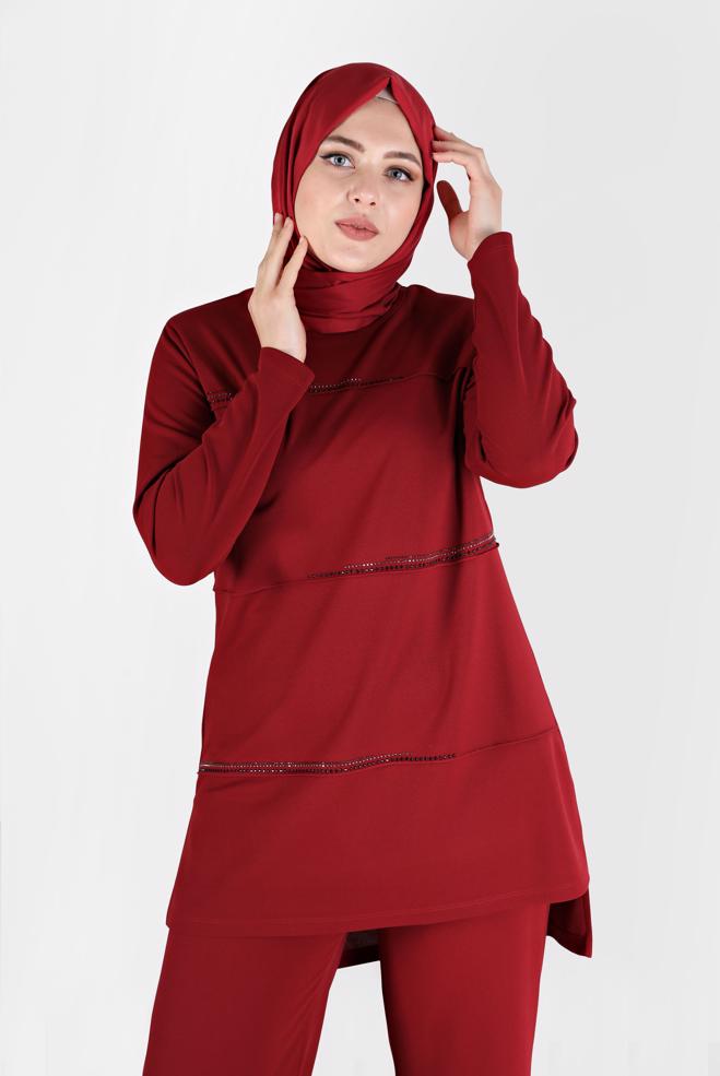 Hijab clothing RED GEM DETAIL 2-PIECE PANTS SUIT 20185  - ALVİNA