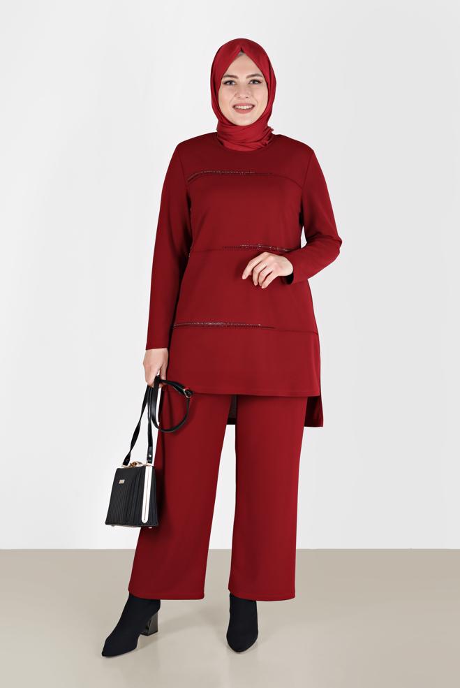 Hijab clothing RED GEM DETAIL 2-PIECE PANTS SUIT 20185  - ALVİNA