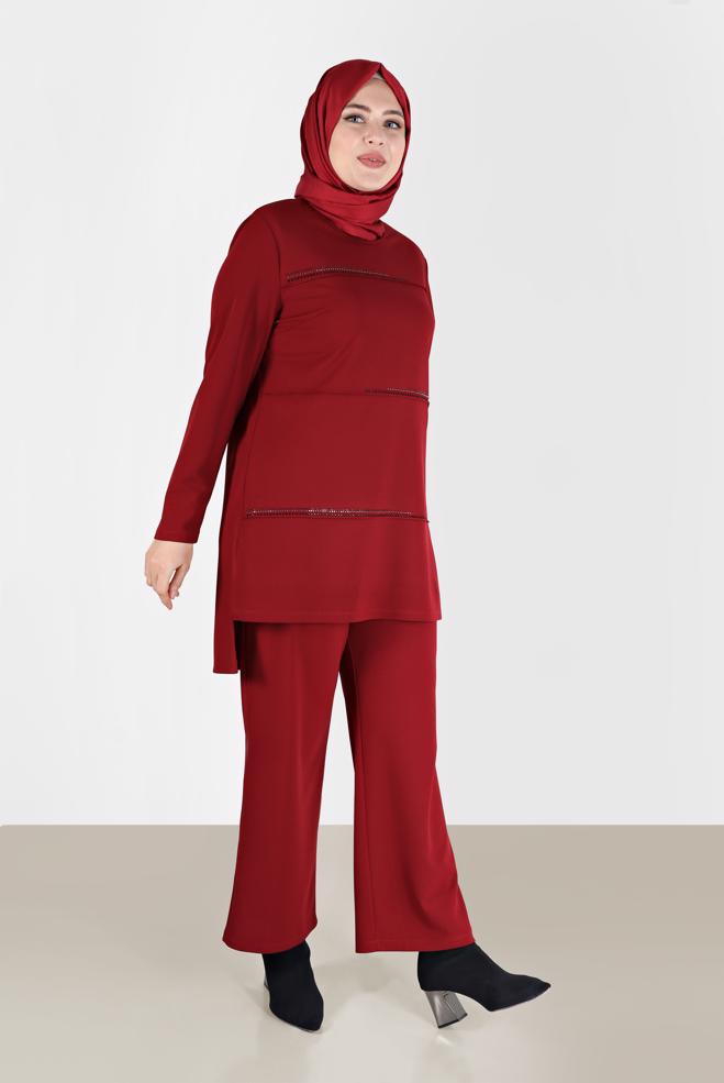 Hijab clothing RED GEM DETAIL 2-PIECE PANTS SUIT 20185  - ALVİNA