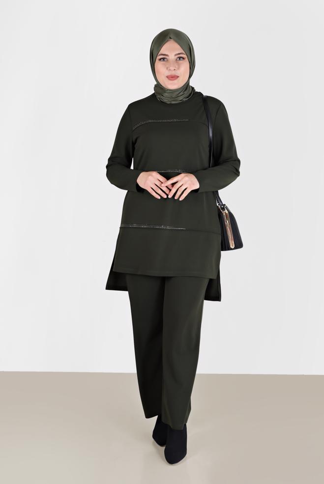 Hijab clothing KHAKI GEM DETAIL 2-PIECE PANTS SUIT 20185  - ALVİNA
