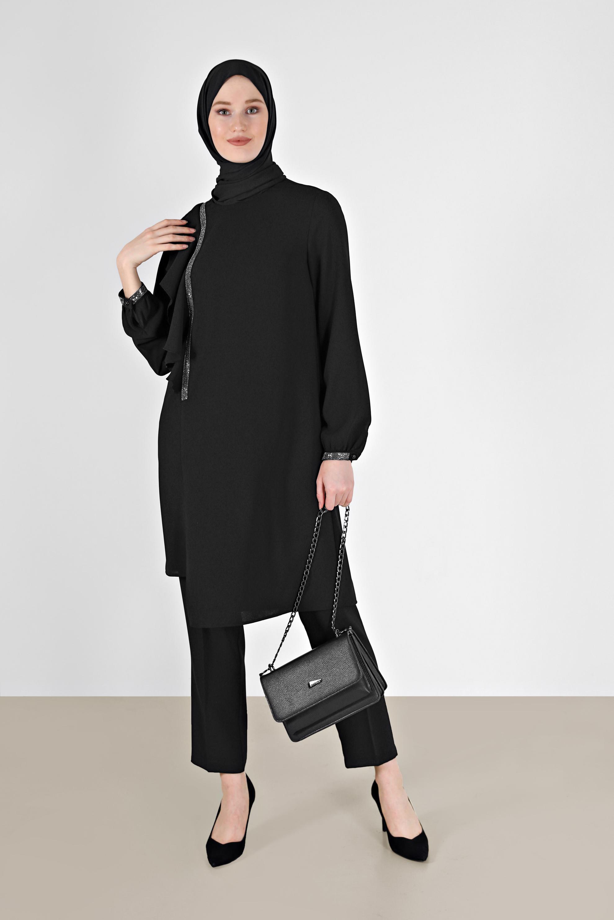 Hijab clothing BLACK RUFFLE DETAIL 2-PIECE CREPE PANTS SUIT 30200 