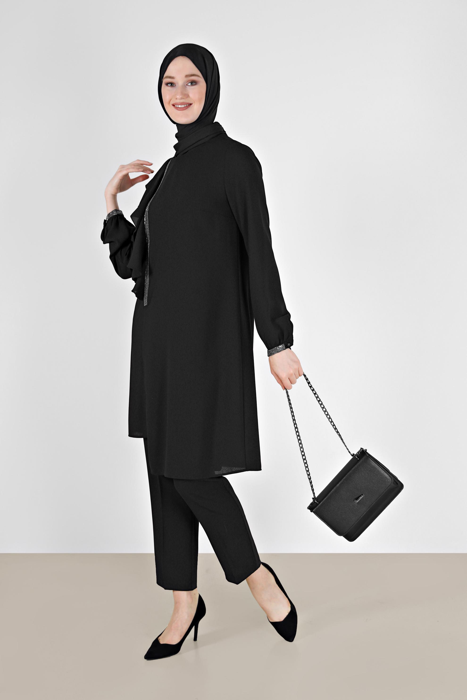 Hijab clothing BLACK RUFFLE DETAIL 2-PIECE CREPE PANTS SUIT 30200 