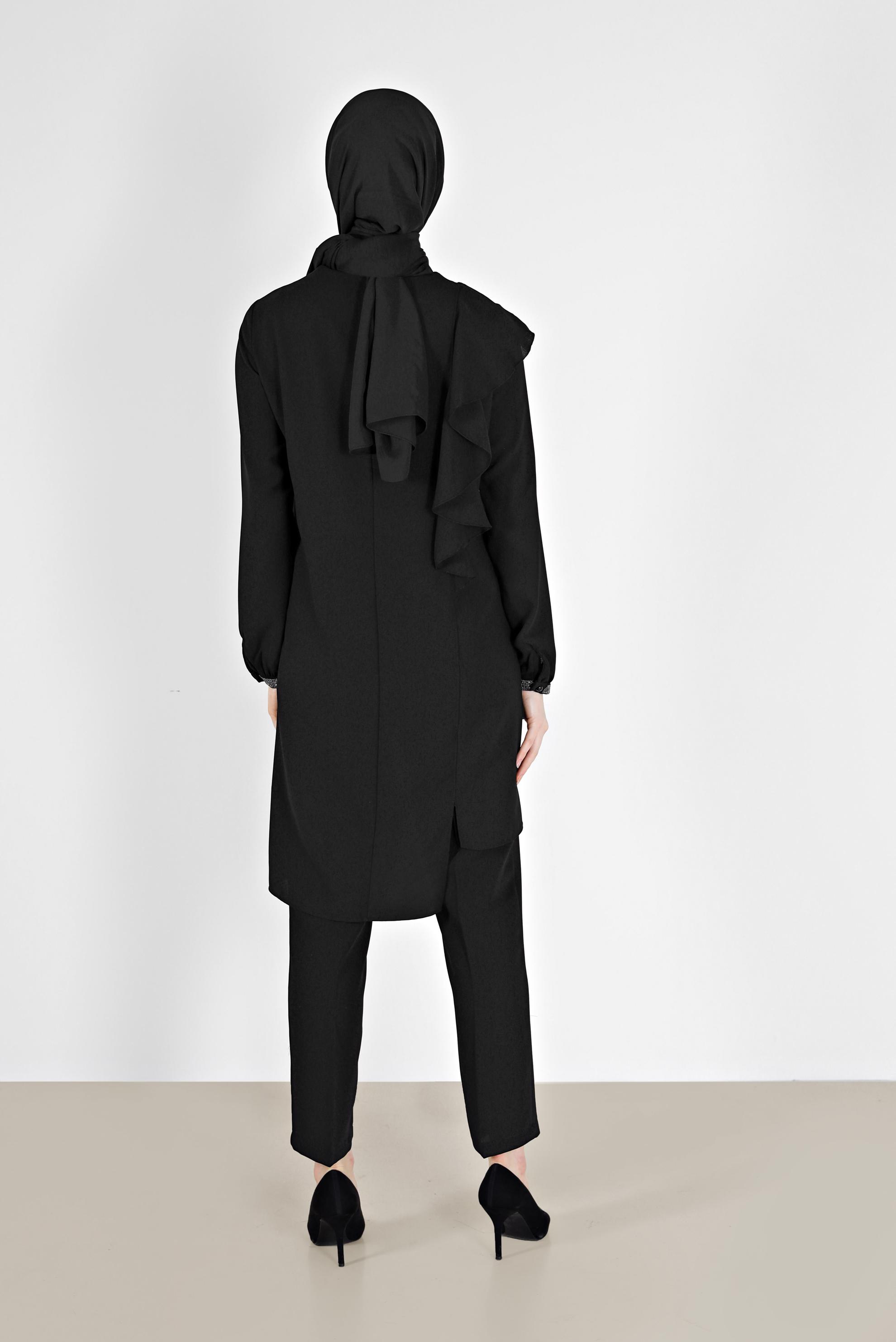 Hijab clothing BLACK RUFFLE DETAIL 2-PIECE CREPE PANTS SUIT 30200 