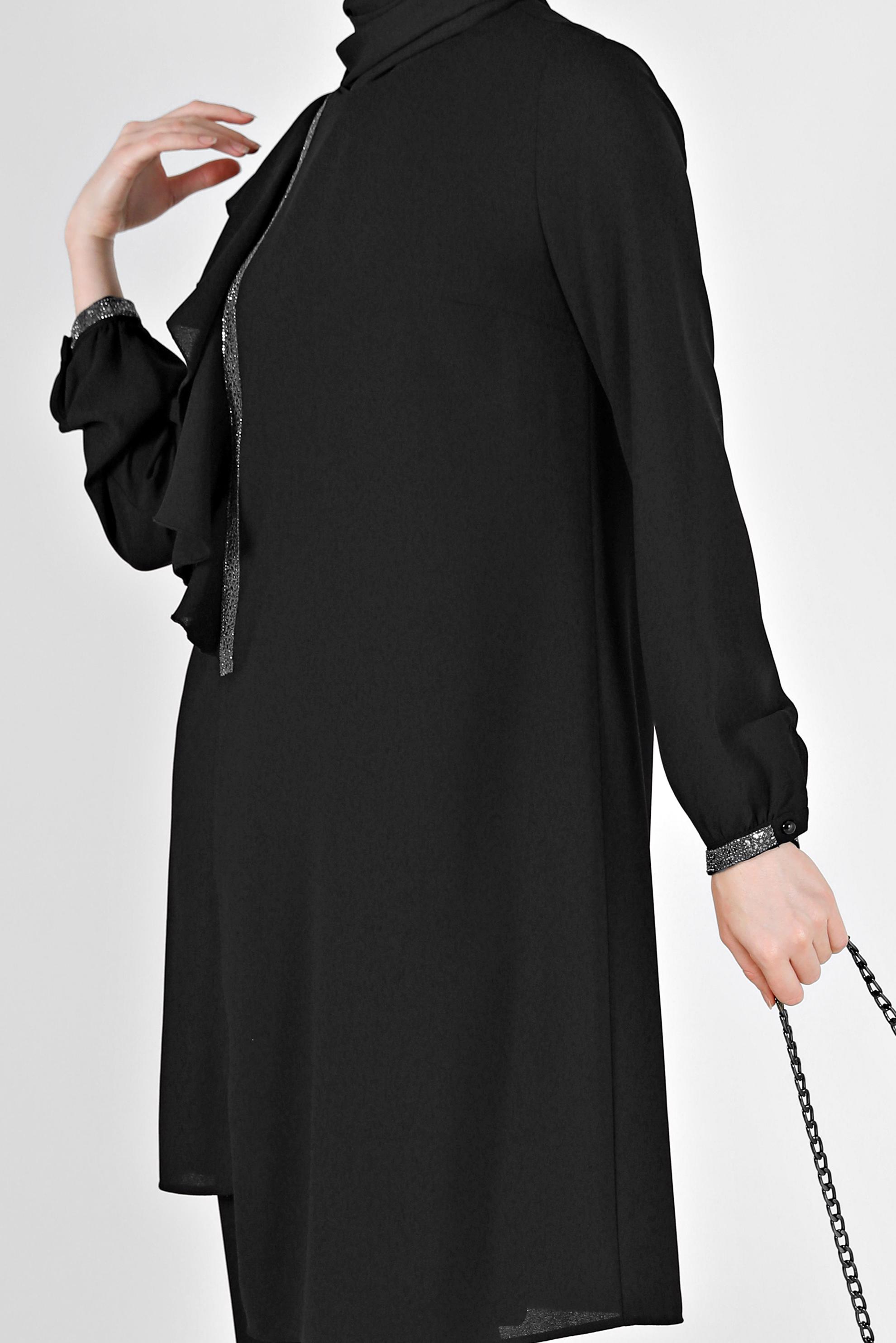 Hijab clothing BLACK RUFFLE DETAIL 2-PIECE CREPE PANTS SUIT 30200 