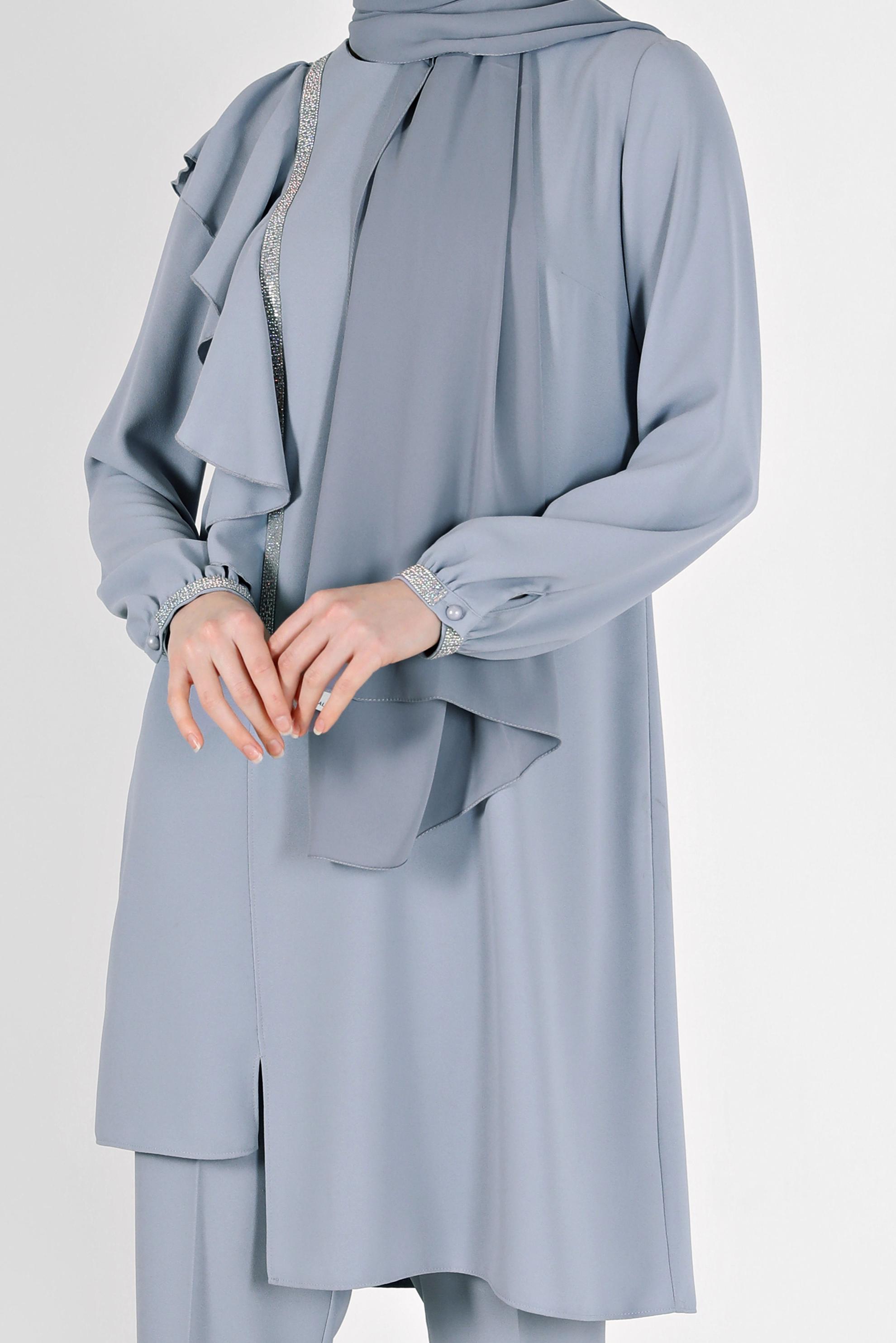 Vêtements hijab ARGENT COSTUME 2 PIÈCES EN CRÊPE AVEC PANTALON À VOLANTS 30200