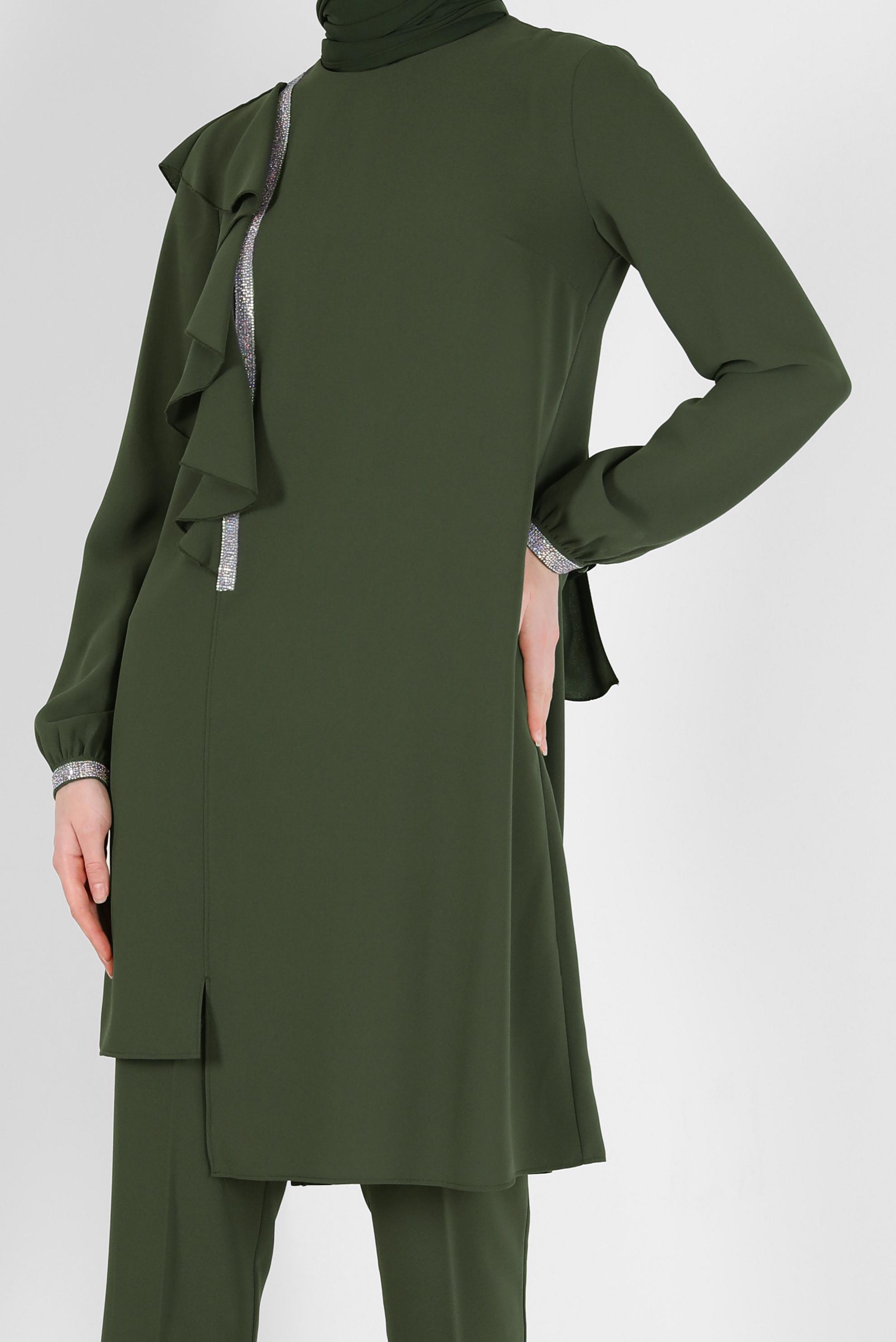 Vêtements hijab KAKI COSTUME 2 PIÈCES EN CRÊPE AVEC PANTALON À VOLANTS 30200