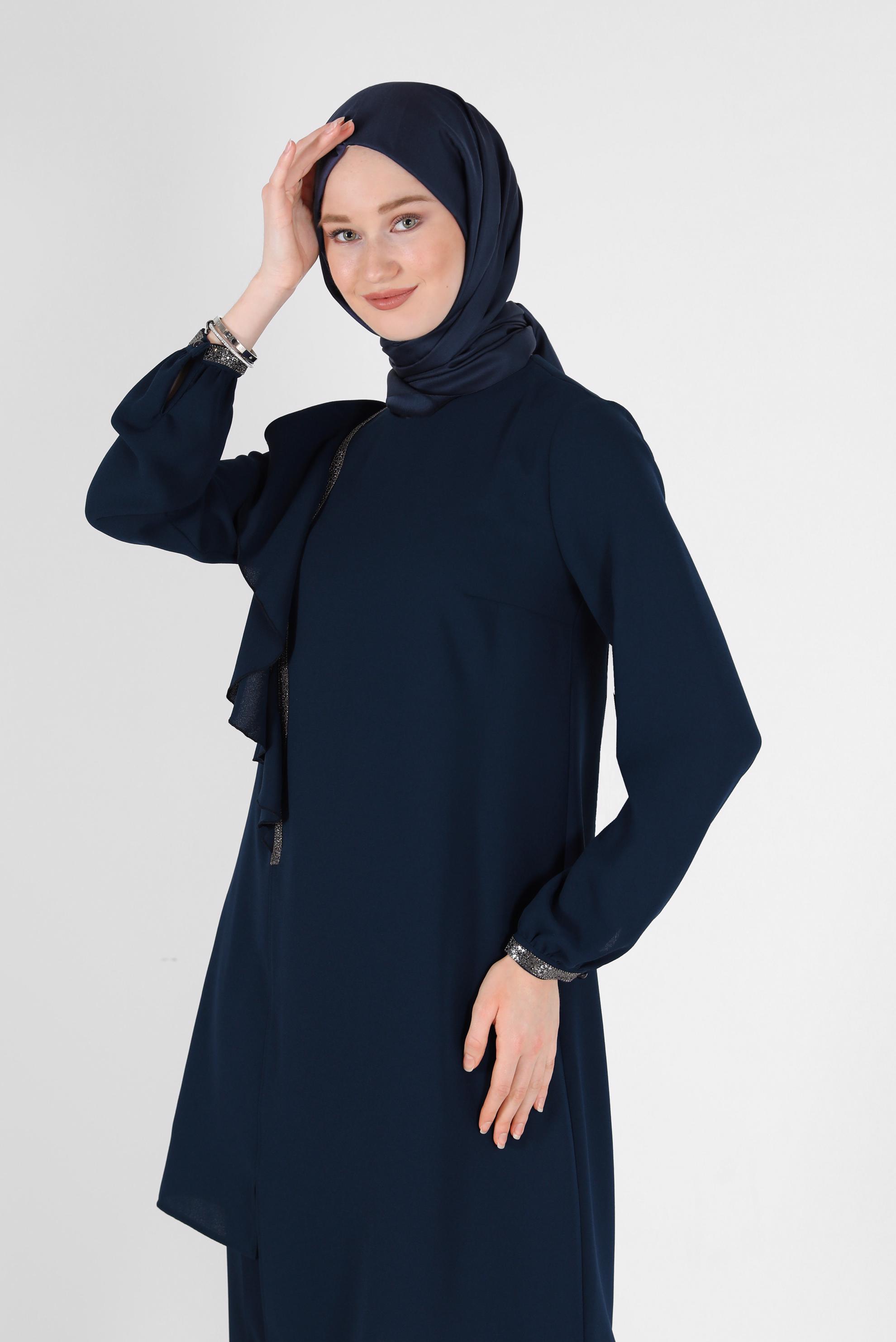 Tesettür giyim LACİVERT FIRFIR DETAYLI KREP İKİLİ PANT. TAKIM 30200 