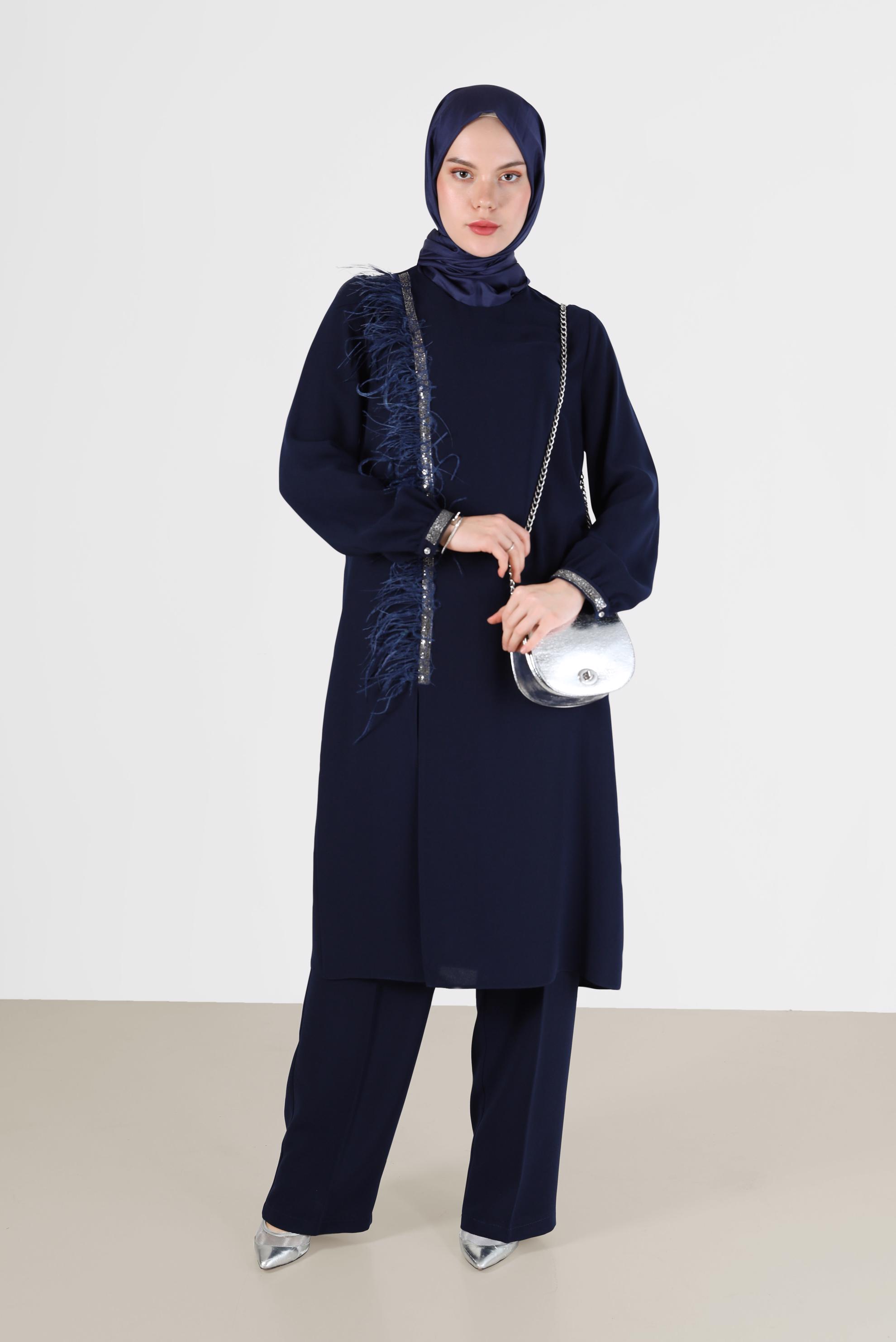 Tesettür giyim LACİVERT SİMLİ ŞERİT DETAYLI TÜYLÜ İKİLİ PANT. TAKIM 30201 