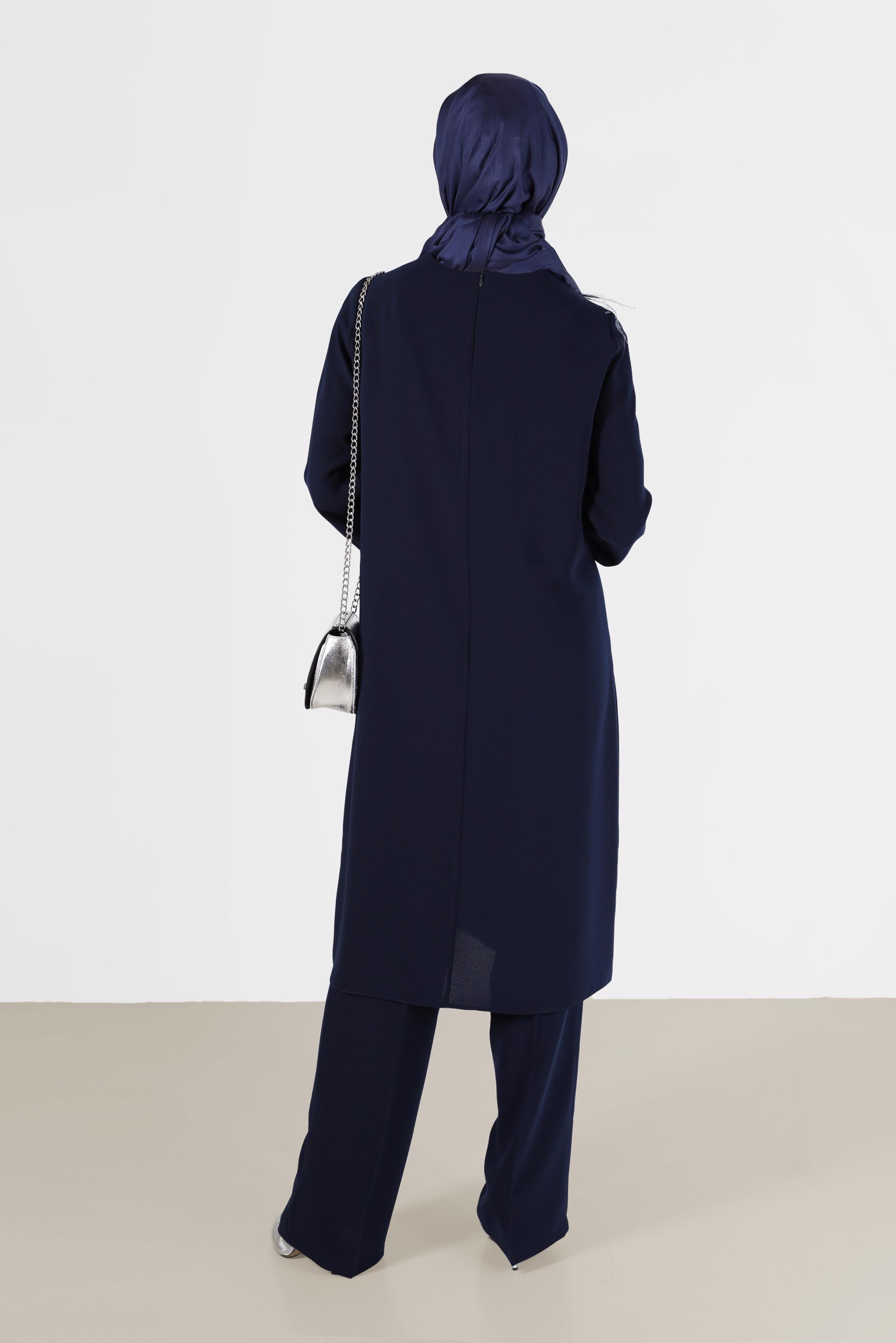 Tesettür giyim LACİVERT SİMLİ ŞERİT DETAYLI TÜYLÜ İKİLİ PANT. TAKIM 30201 