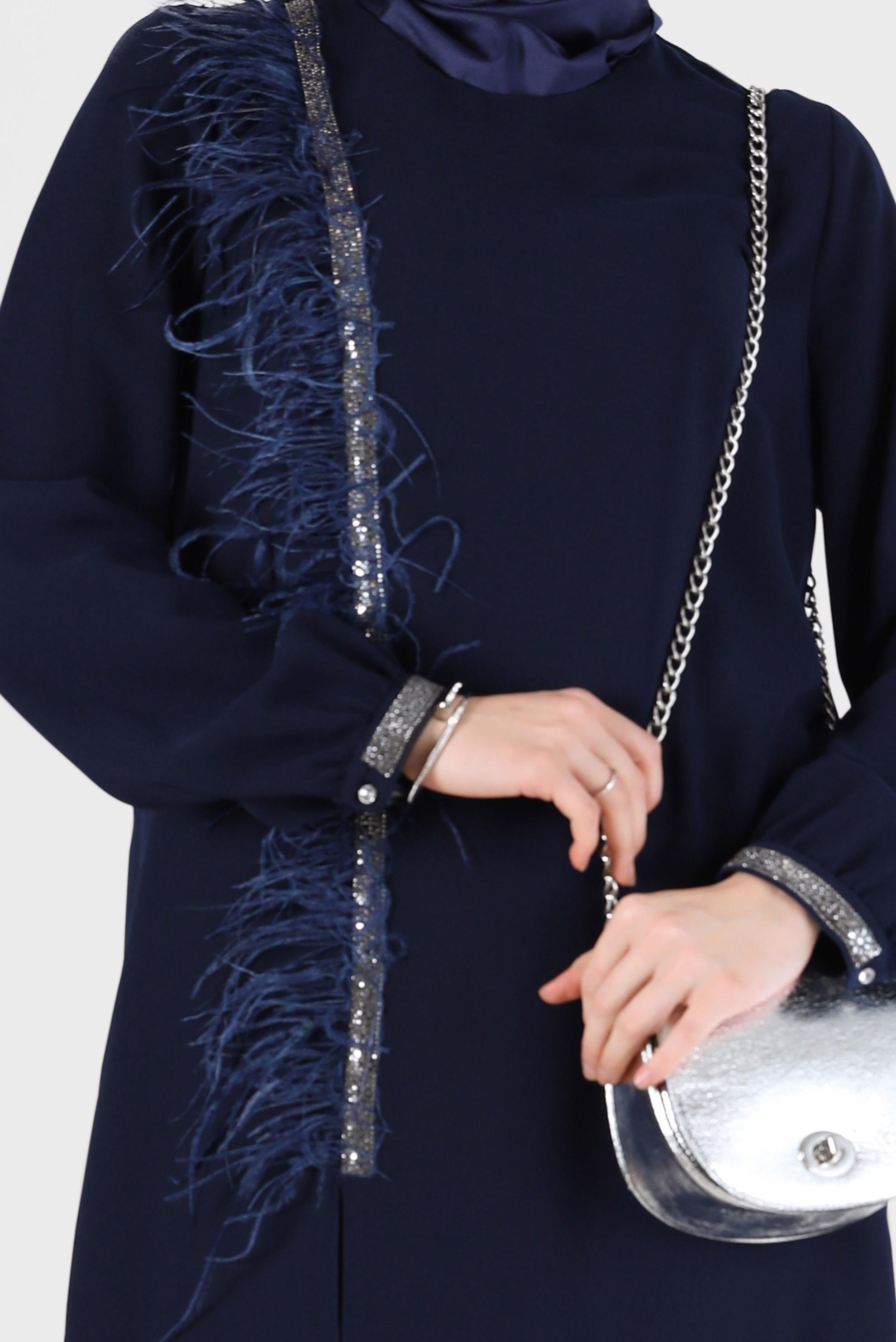 Tesettür giyim LACİVERT SİMLİ ŞERİT DETAYLI TÜYLÜ İKİLİ PANT. TAKIM 30201 