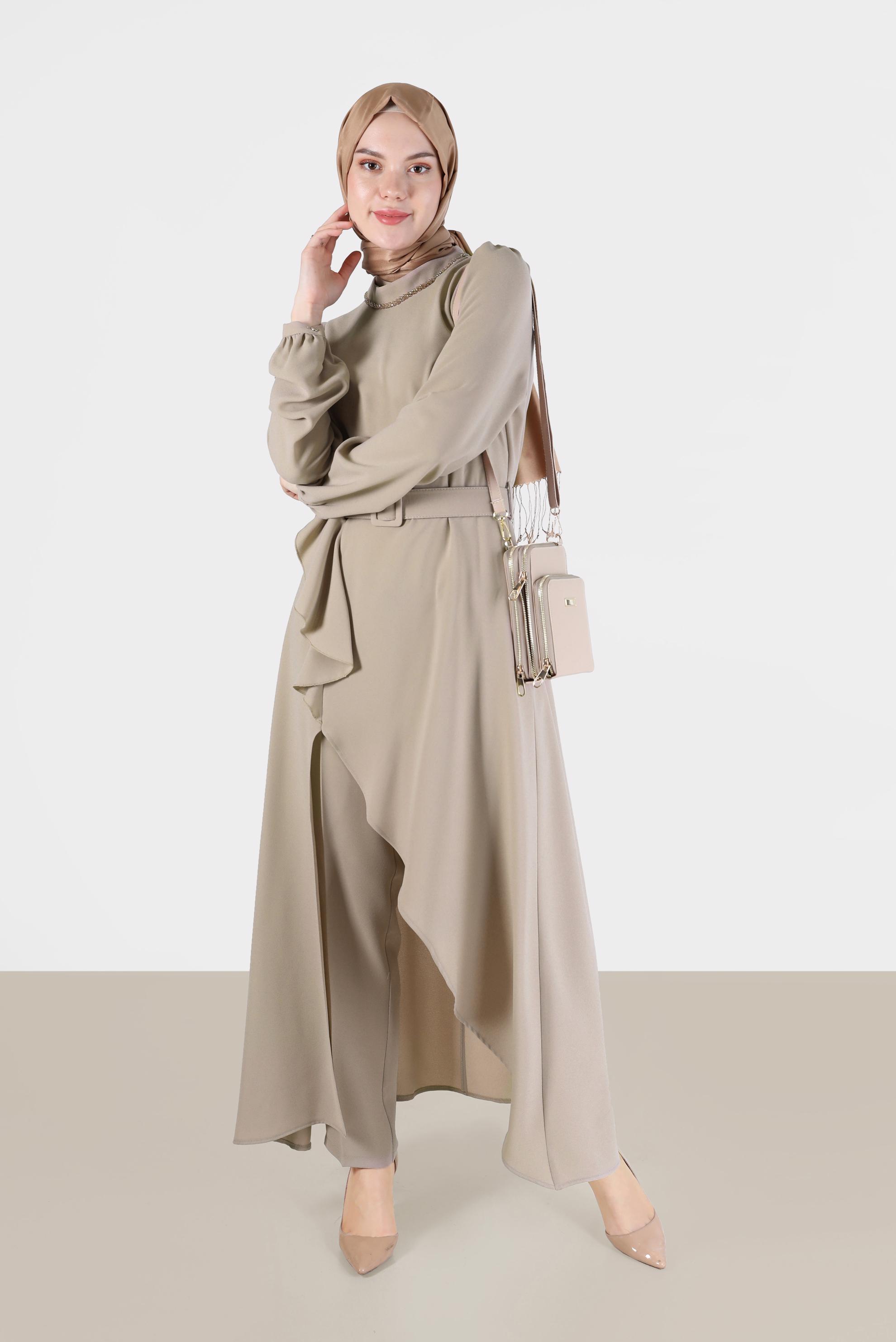 Tesettür giyim BEJ KEMER DETAYLI VOLANLI KREP İKİLİ PANT. TAKIM 30202 