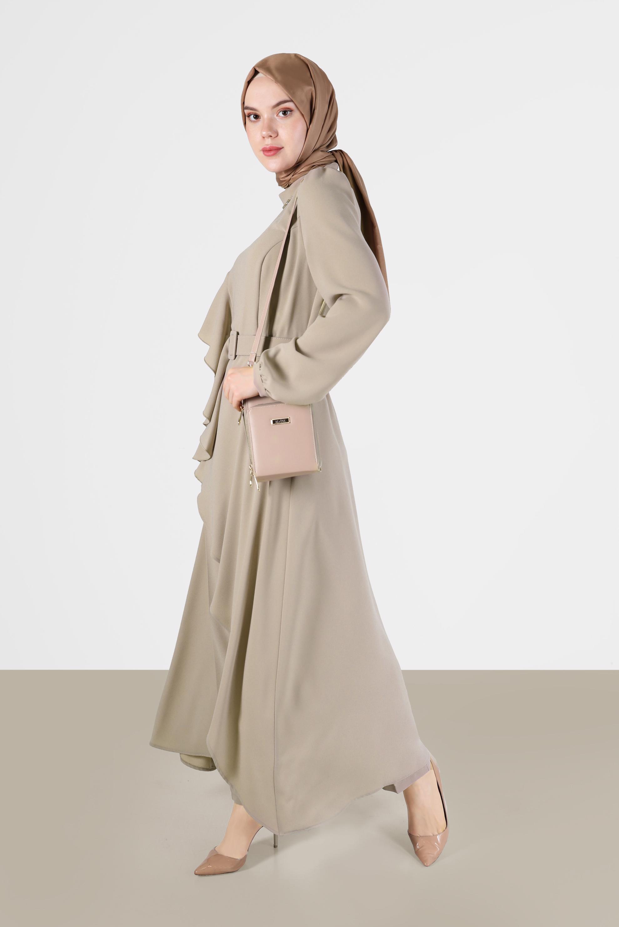 Tesettür giyim BEJ KEMER DETAYLI VOLANLI KREP İKİLİ PANT. TAKIM 30202 