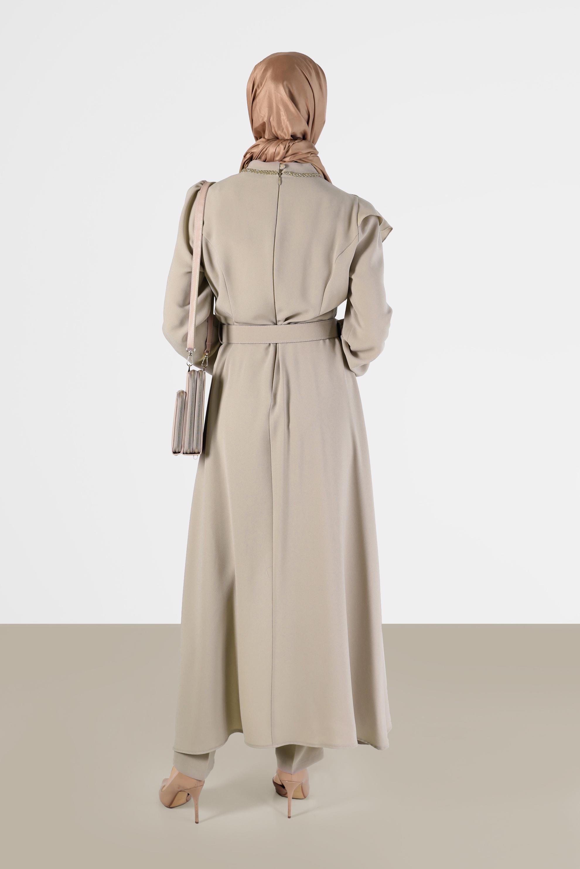 Tesettür giyim BEJ KEMER DETAYLI VOLANLI KREP İKİLİ PANT. TAKIM 30202 