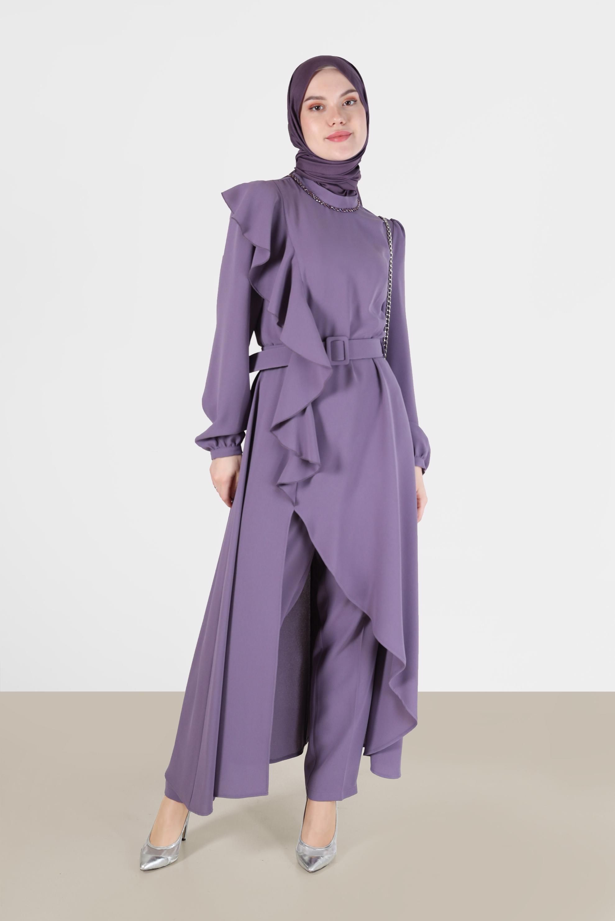 Tesettür giyim MOR KEMER DETAYLI VOLANLI KREP İKİLİ PANT. TAKIM 30202 