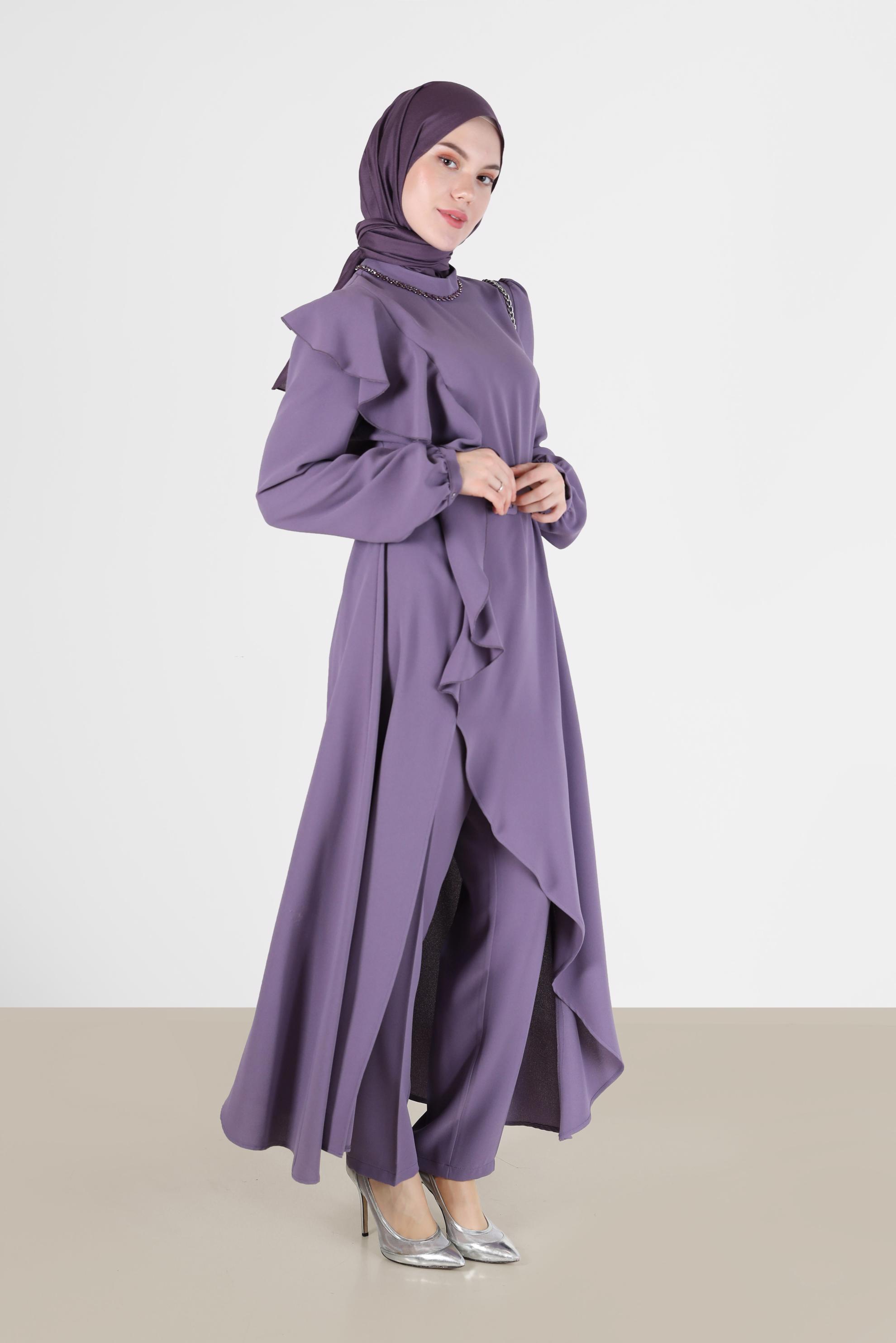 Tesettür giyim MOR KEMER DETAYLI VOLANLI KREP İKİLİ PANT. TAKIM 30202 