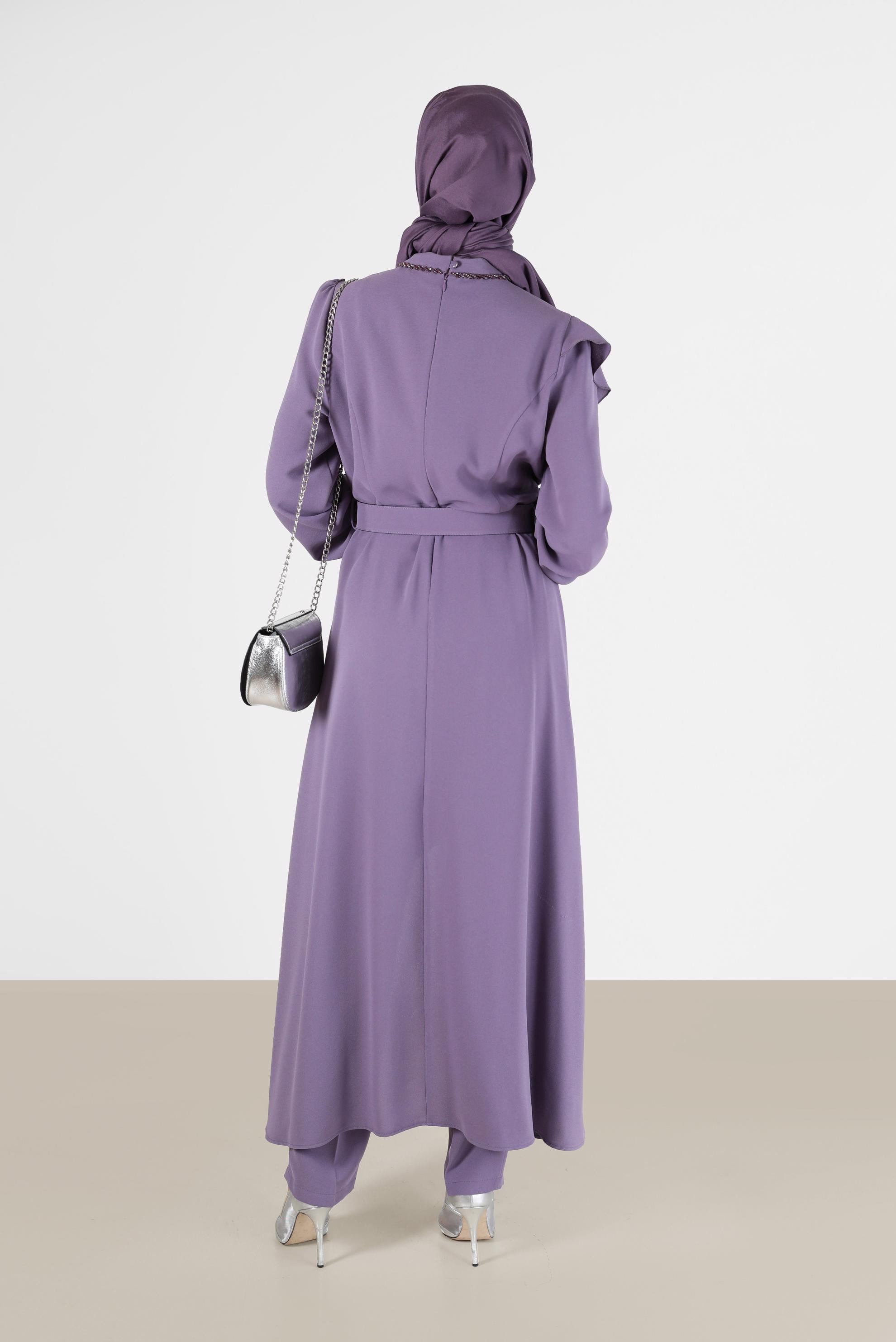 Tesettür giyim MOR KEMER DETAYLI VOLANLI KREP İKİLİ PANT. TAKIM 30202 