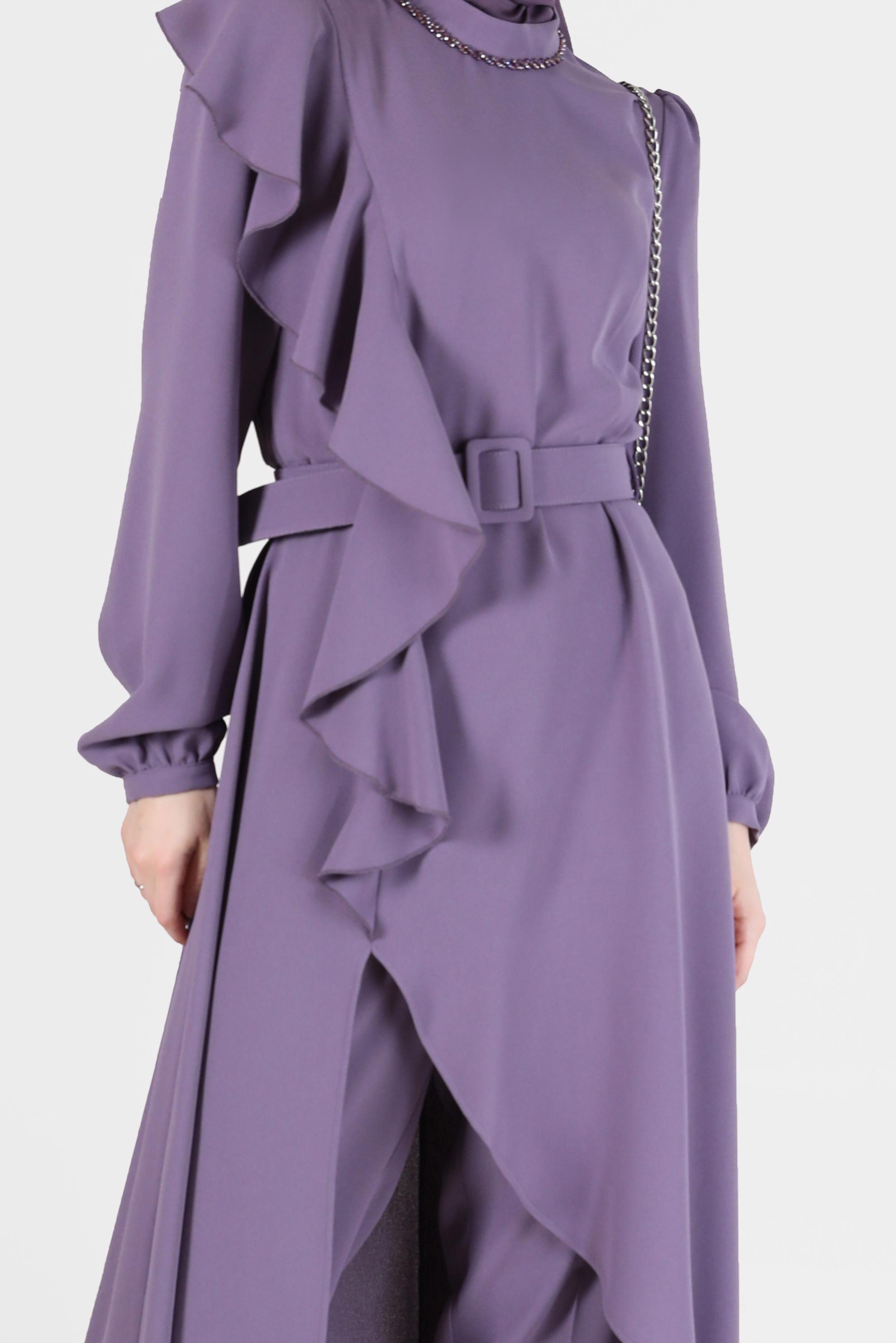 Tesettür giyim MOR KEMER DETAYLI VOLANLI KREP İKİLİ PANT. TAKIM 30202 