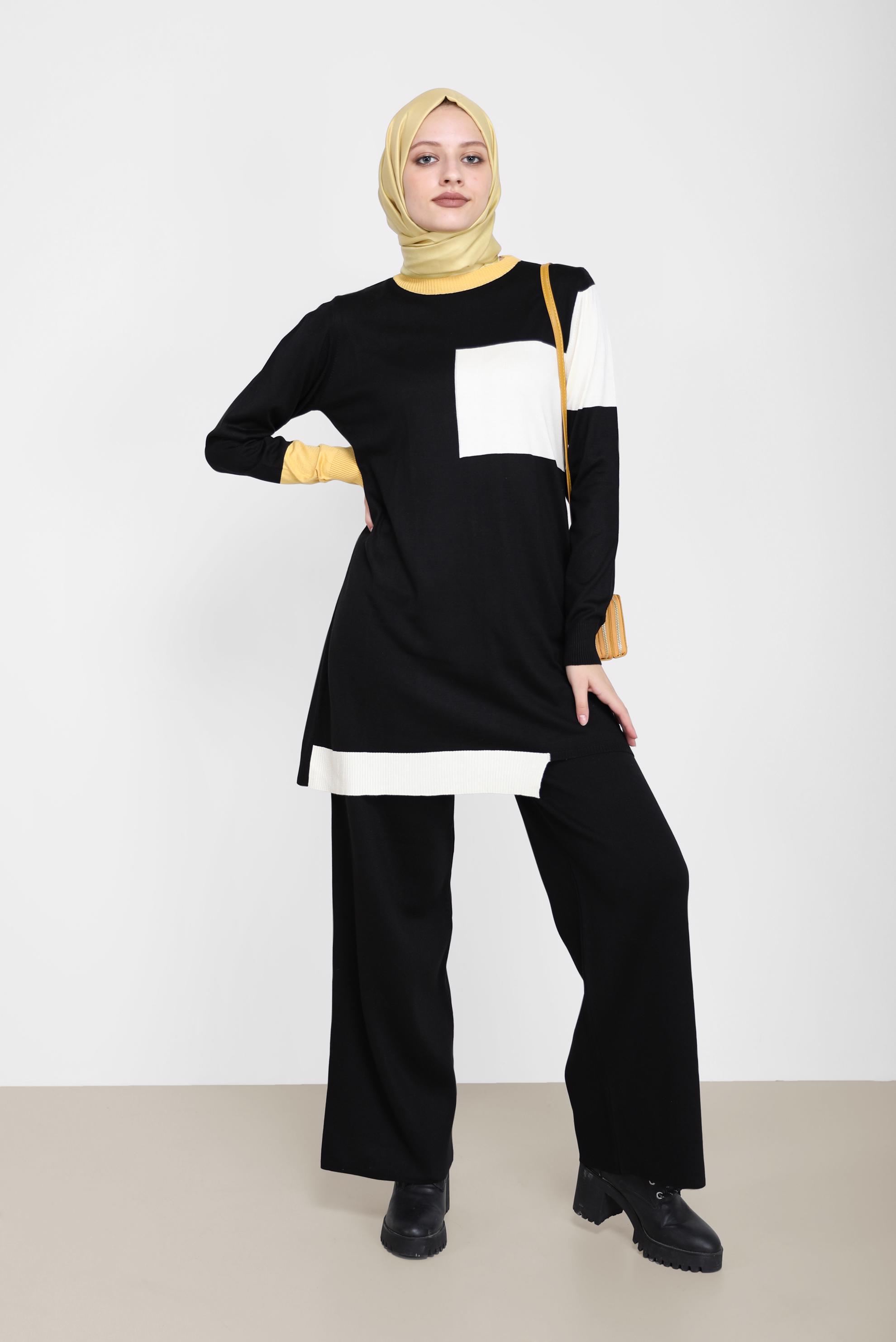 Tesettür giyim SİYAH ÜÇ RENKLİ İKİLİ PANT.TRİKO TAKIM 42031 