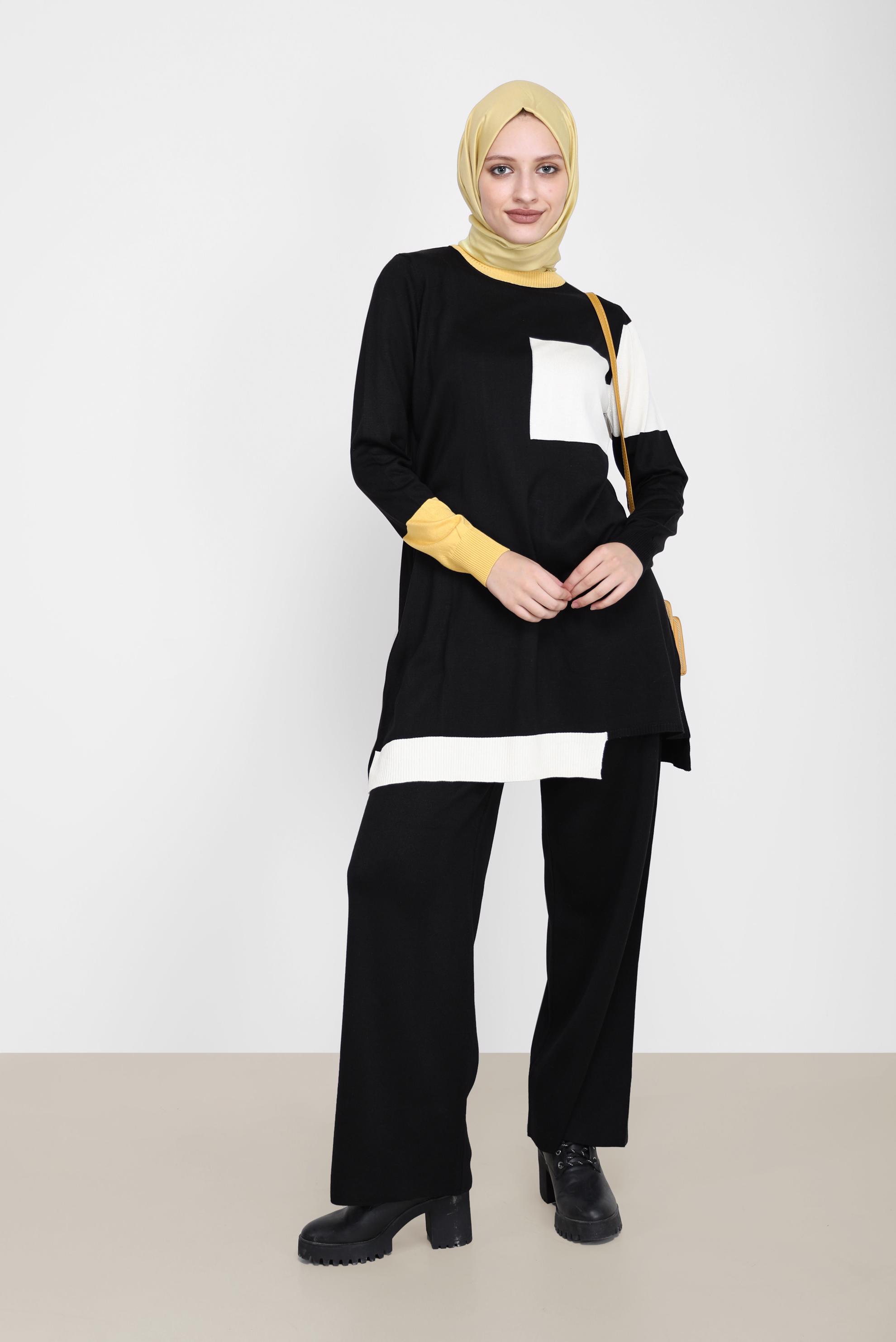 Tesettür giyim SİYAH ÜÇ RENKLİ İKİLİ PANT.TRİKO TAKIM 42031 