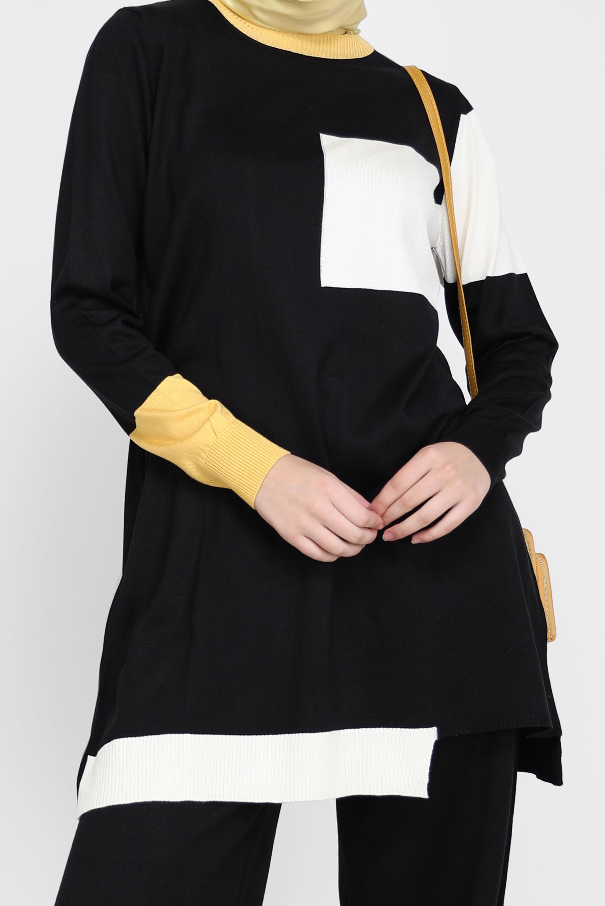 Tesettür giyim SİYAH ÜÇ RENKLİ İKİLİ PANT.TRİKO TAKIM 42031 