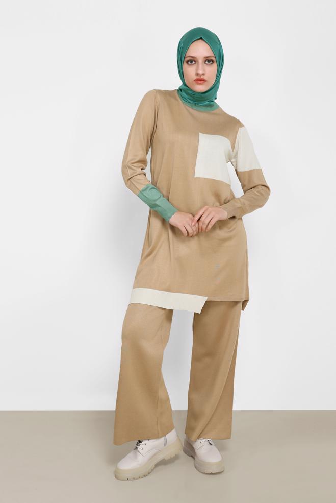 Tesettür giyim KAHVE ÜÇ RENKLİ İKİLİ PANT.TRİKO TAKIM 42031  - ALVİNA