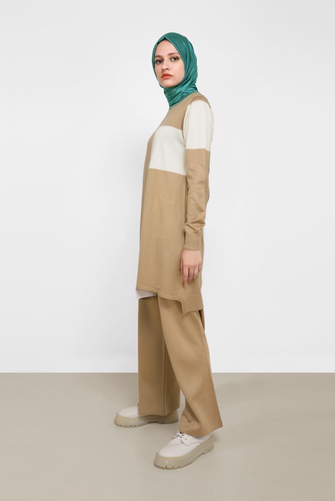 Tesettür giyim KAHVE ÜÇ RENKLİ İKİLİ PANT.TRİKO TAKIM 42031  - ALVİNA