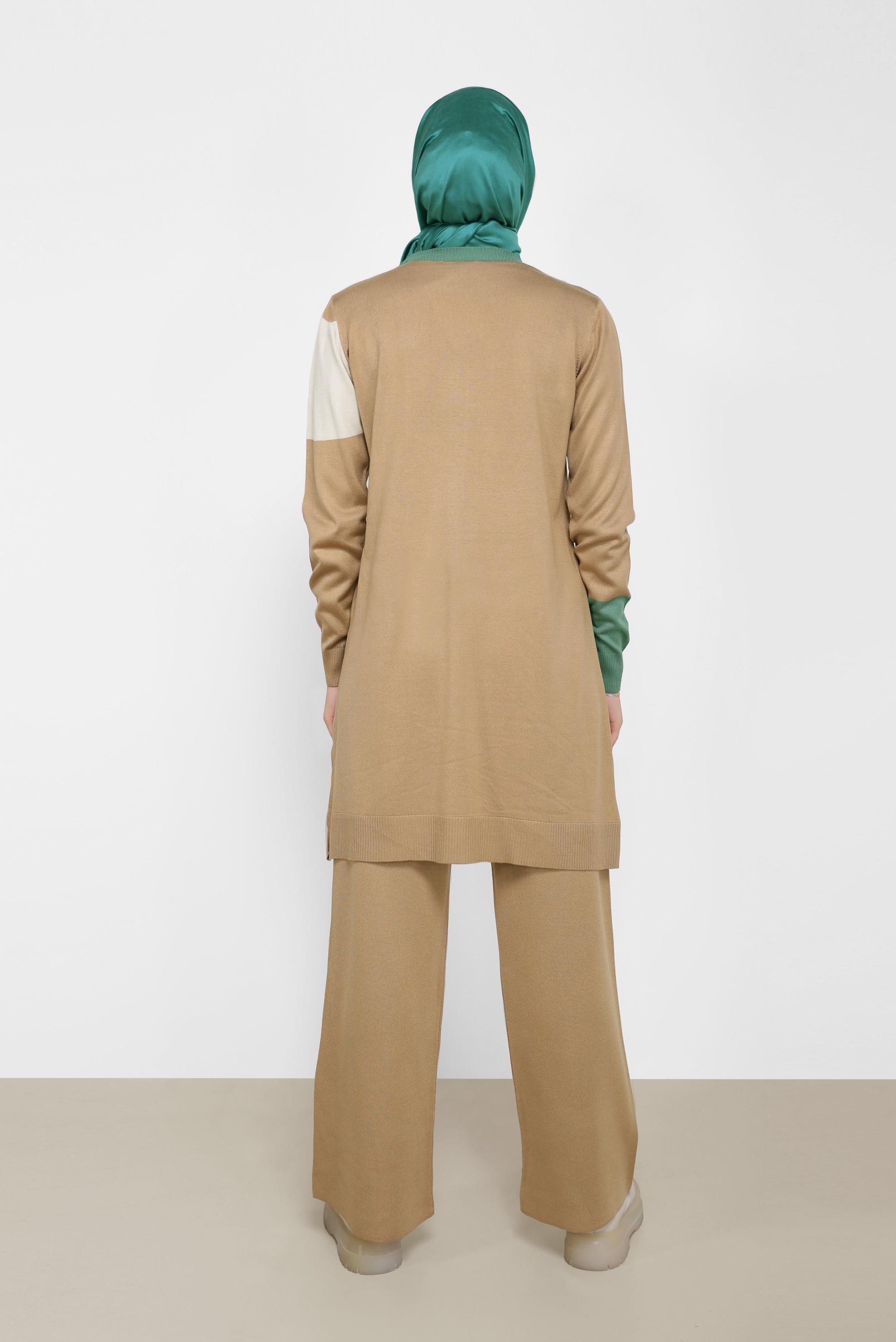 Tesettür giyim KAHVE ÜÇ RENKLİ İKİLİ PANT.TRİKO TAKIM 42031 