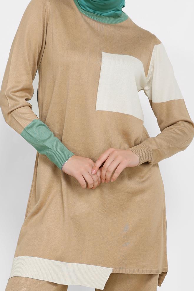 Tesettür giyim KAHVE ÜÇ RENKLİ İKİLİ PANT.TRİKO TAKIM 42031  - ALVİNA