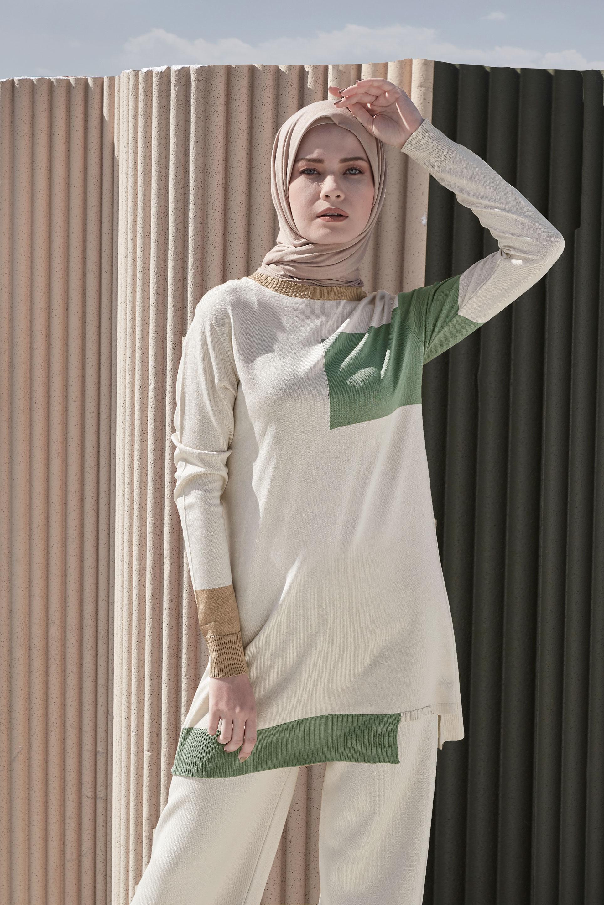 Tesettür giyim BEJ ÜÇ RENKLİ İKİLİ PANT.TRİKO TAKIM 42031 