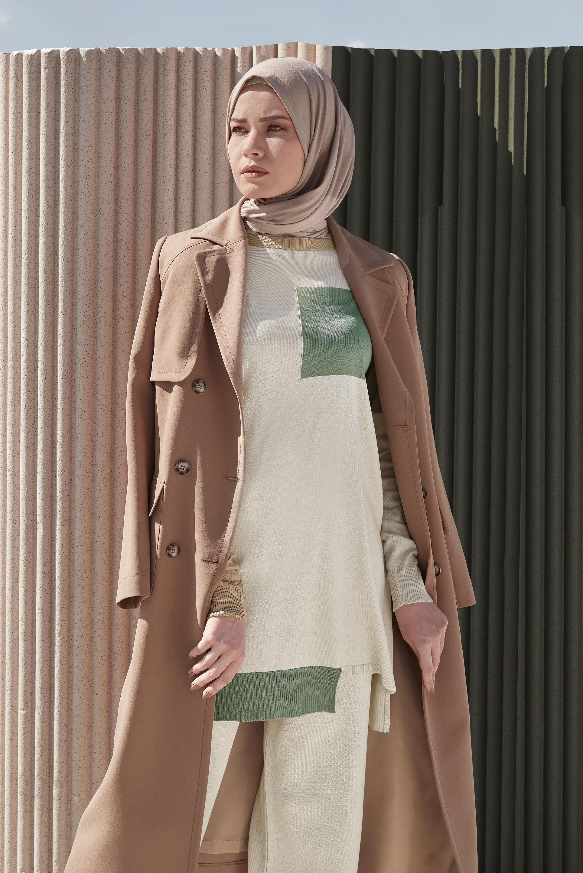 Tesettür giyim BEJ ÜÇ RENKLİ İKİLİ PANT.TRİKO TAKIM 42031 