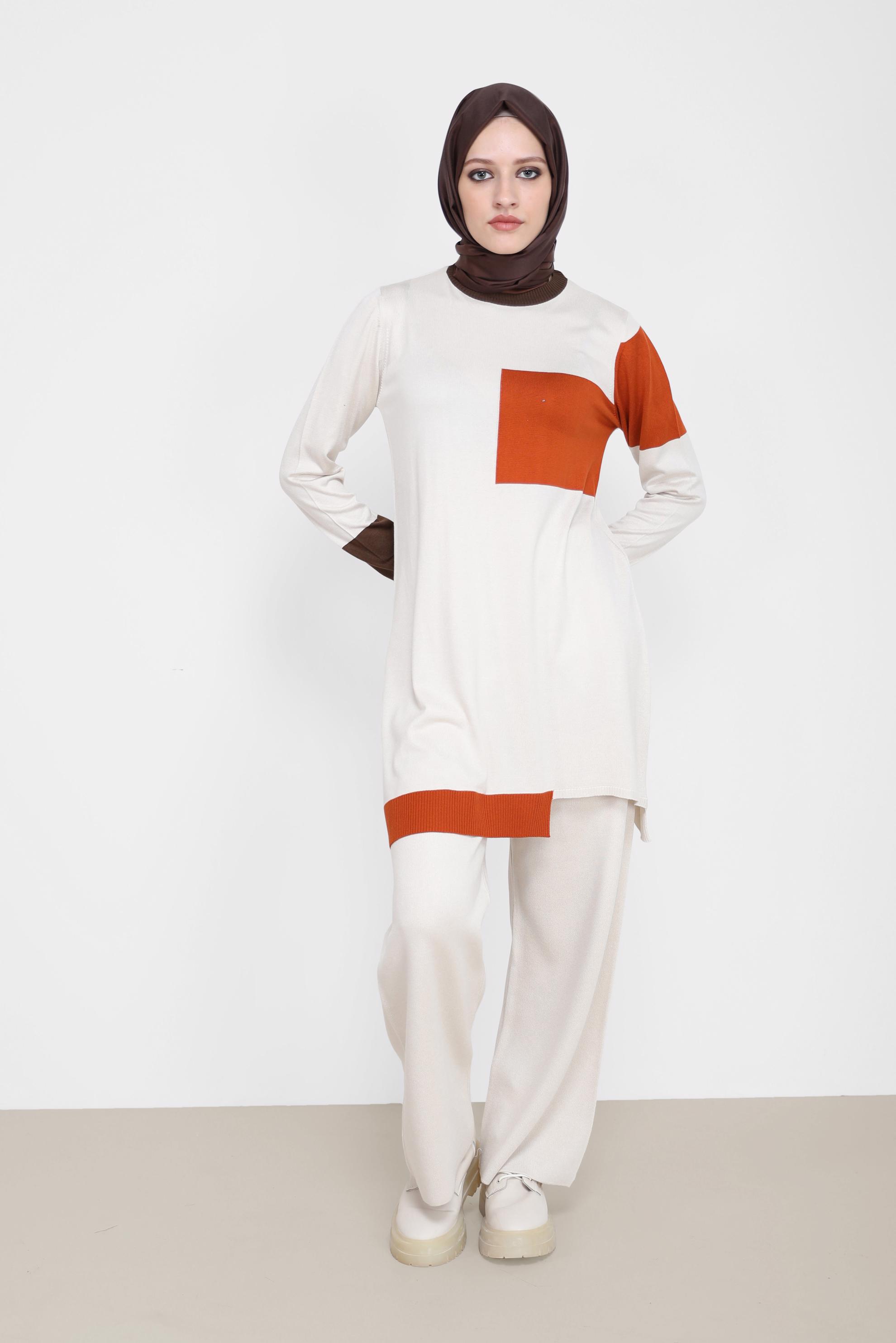 Tesettür giyim GRİ ÜÇ RENKLİ İKİLİ PANT.TRİKO TAKIM 42031 