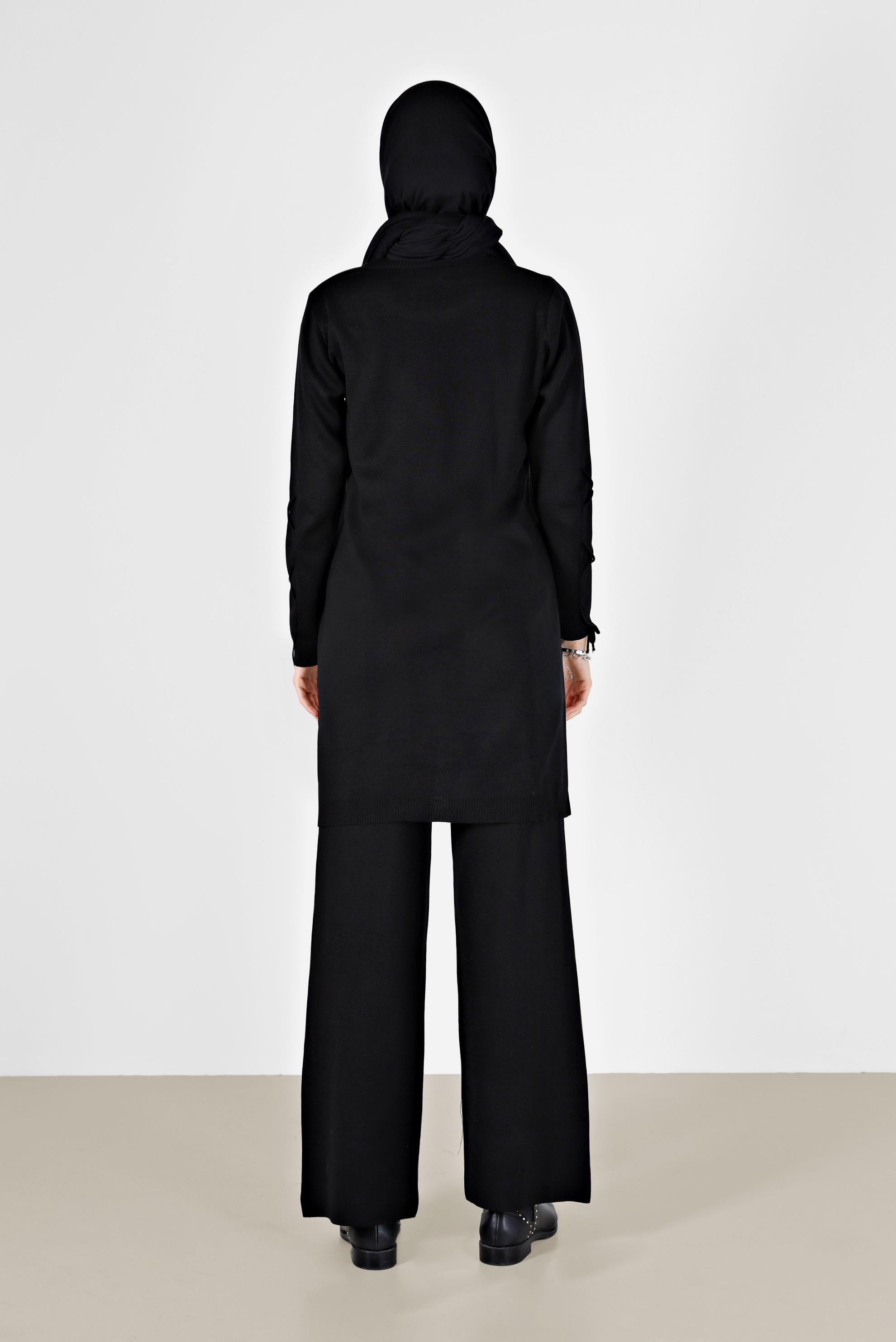 Tesettür giyim SİYAH KOLLARI BAĞCIKLI İKİLİ PANT.TRİKO TAKIM 42032 