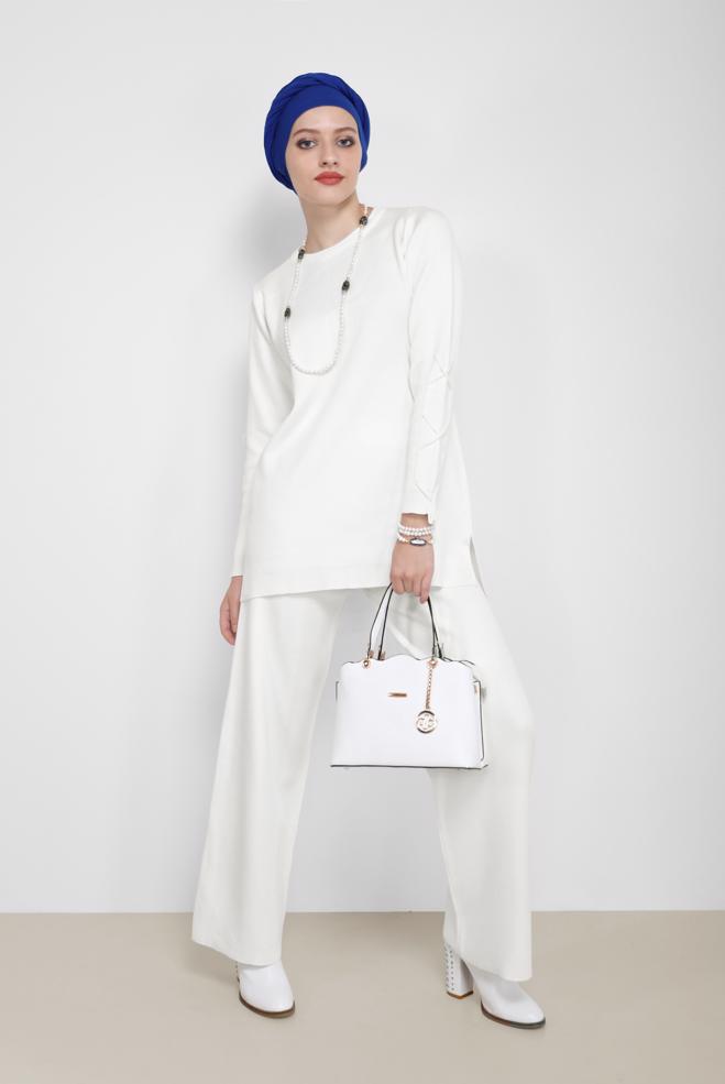 Hijab clothing  TIE DETAIL 2-PIECE KNITWEAR SUIT WITH PANTS 42032  - ALVİNA